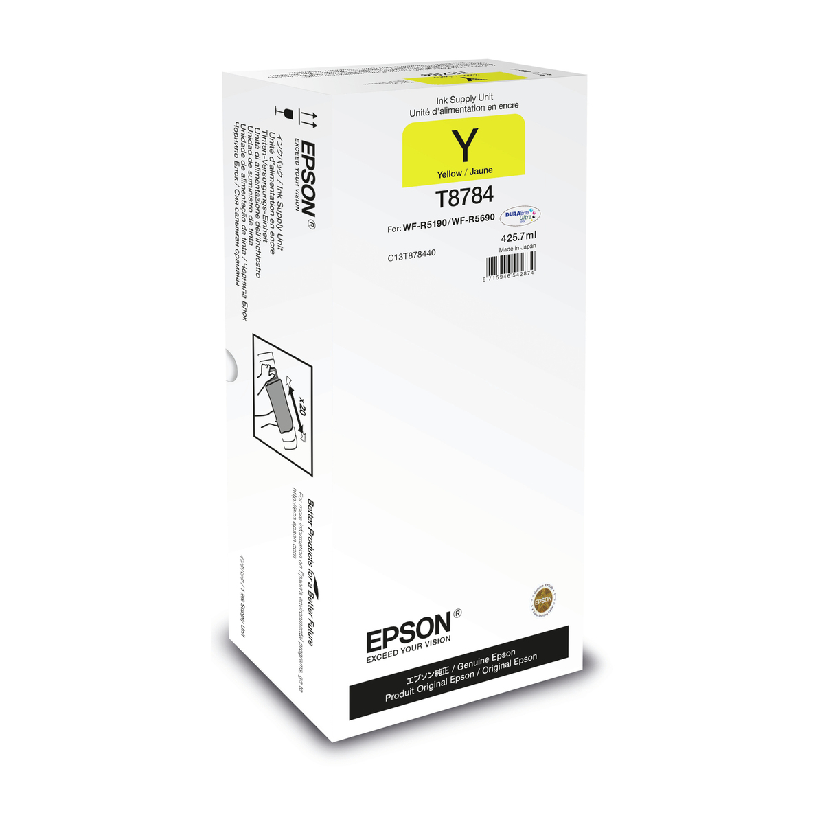 Scatola cartuccia inchiostro Epson T8784. Scatola bianca con inchiostro giallo.