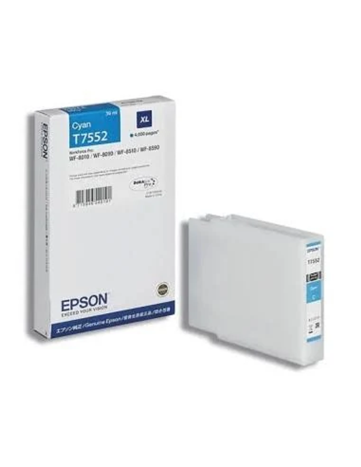 Epson Cyan Tintenpatronenbox, mit Cyan-Patrone, auf weißem Hintergrund.