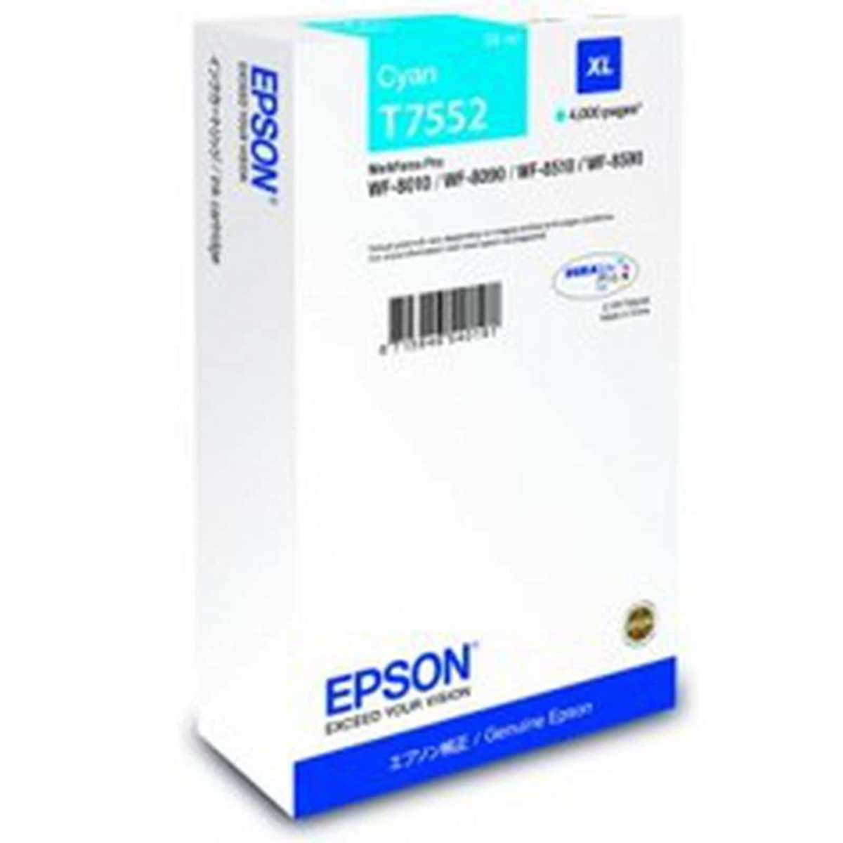 Eine weiße Epson Tintenpatronenbox mit Cyan-Tinte-Informationen und Logo.