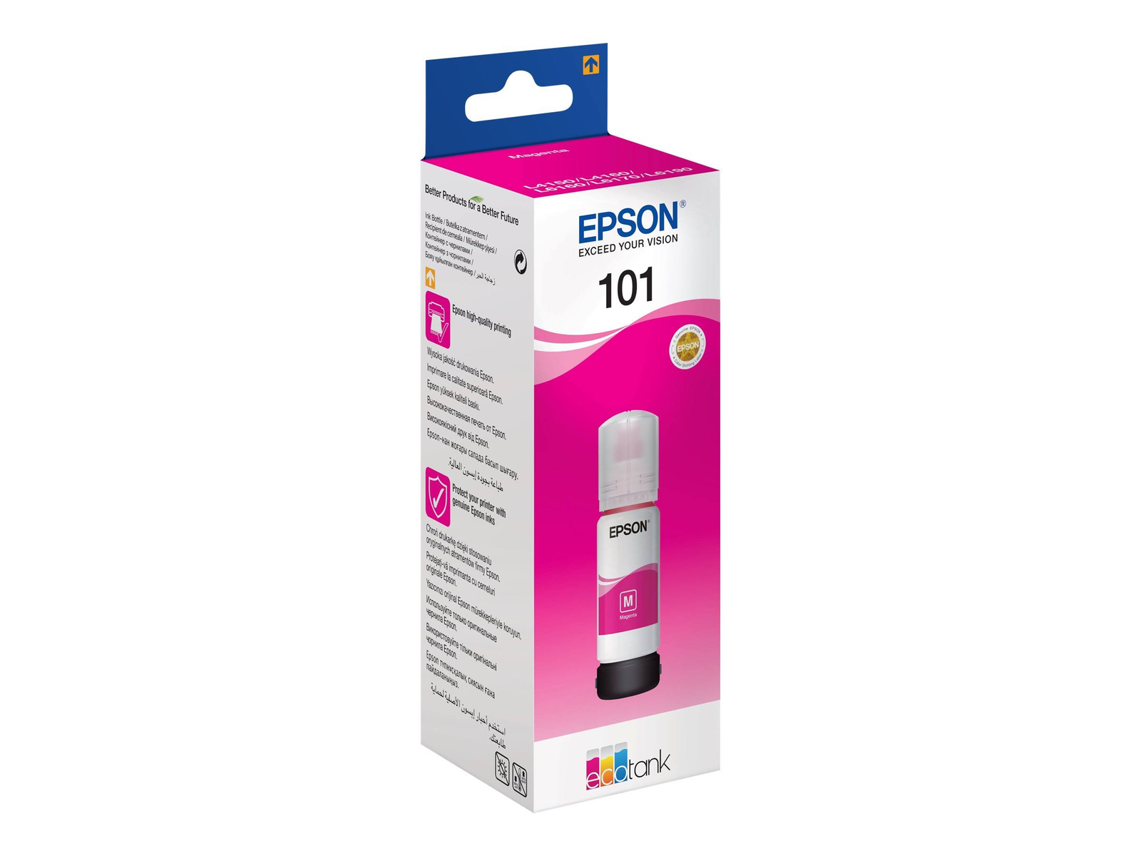 Epson inktfles, magenta kleur, in een doos.