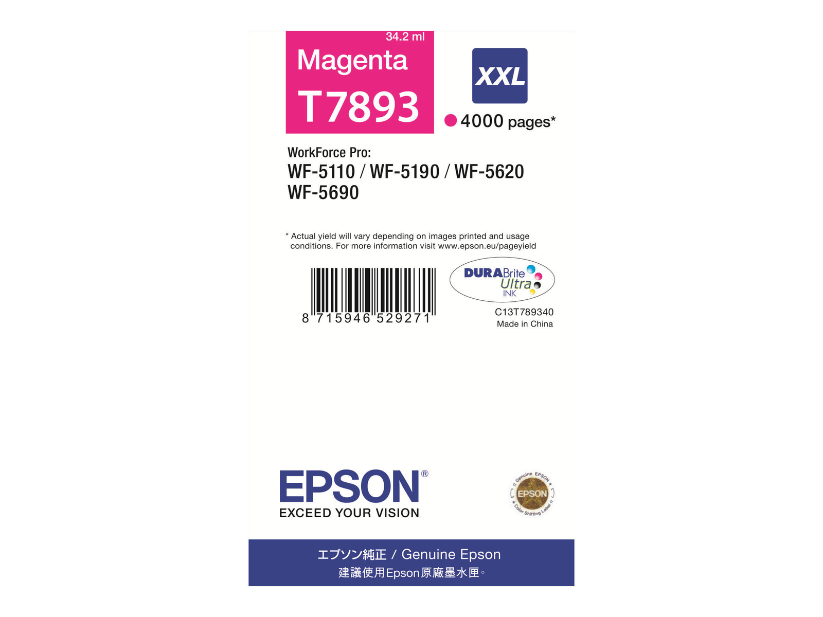 Cartouche d'encre magenta Epson avec informations sur le produit, y compris le rendement de 4000 pages.
