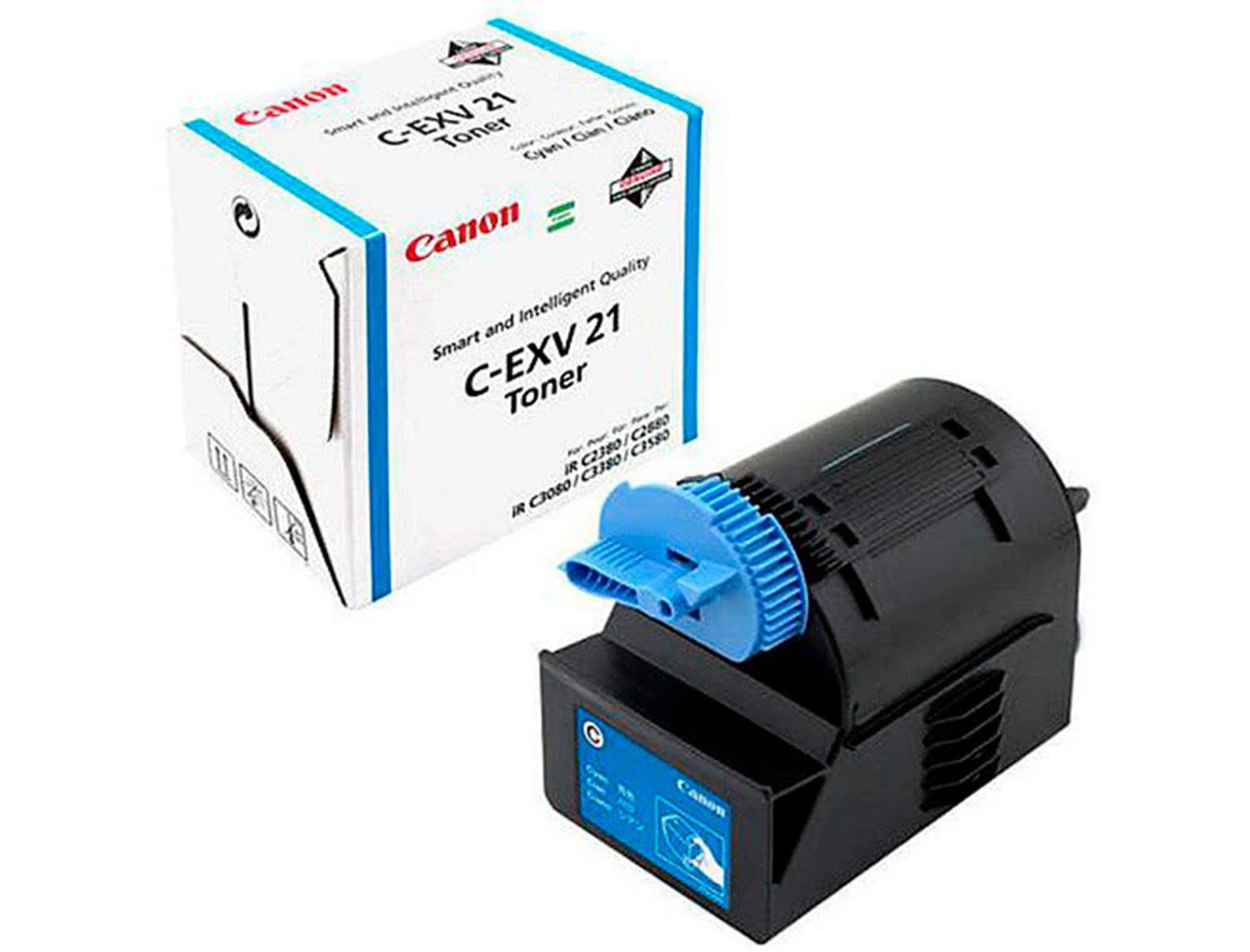 Canon C-EXV 21 toner cartridge box and black and blue toner cartridge on a white surface.