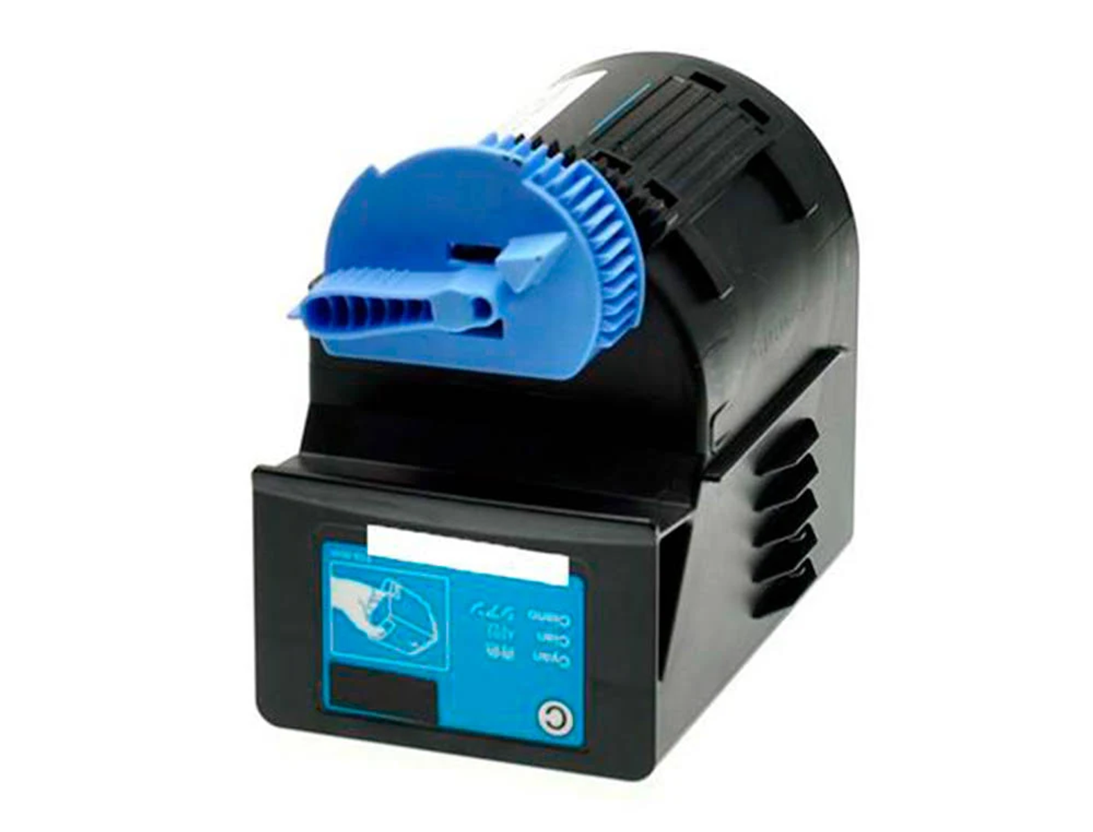 Cyan toner cartridge. Black plastic body with a blue handle and a cyan label.