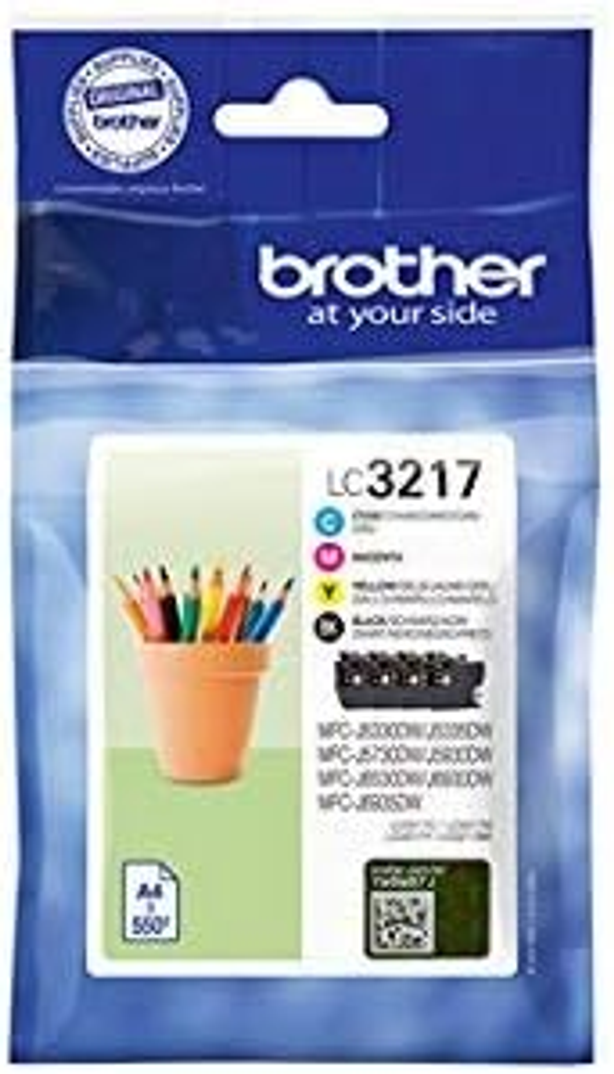 Brother LC3217 printer ink cartridge pack, with colored pencils in the image.