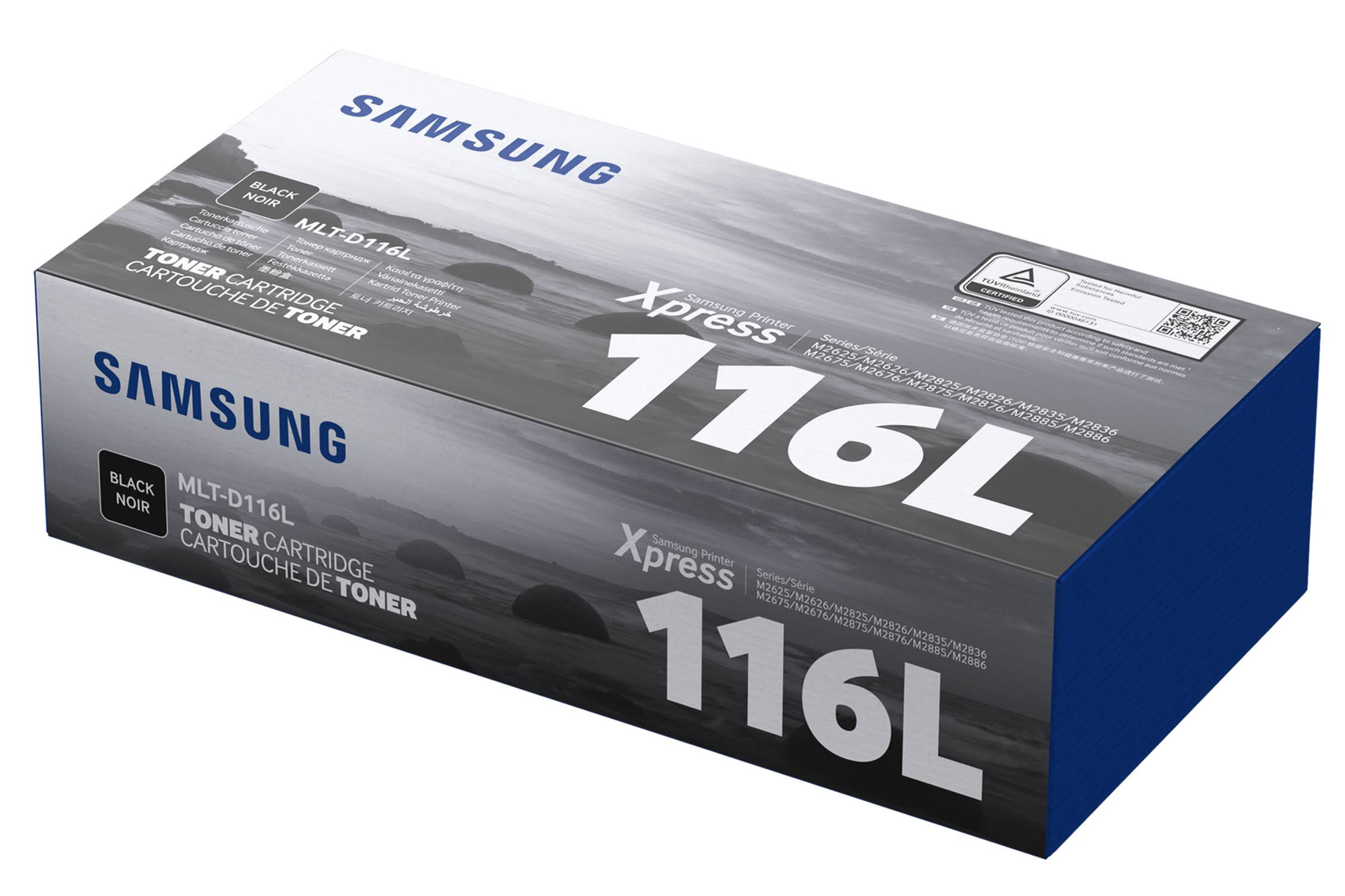 Samsung 116L Tonerbox. Schwarze Box mit weißem Text und blauen Akzenten. Schräge Ansicht.