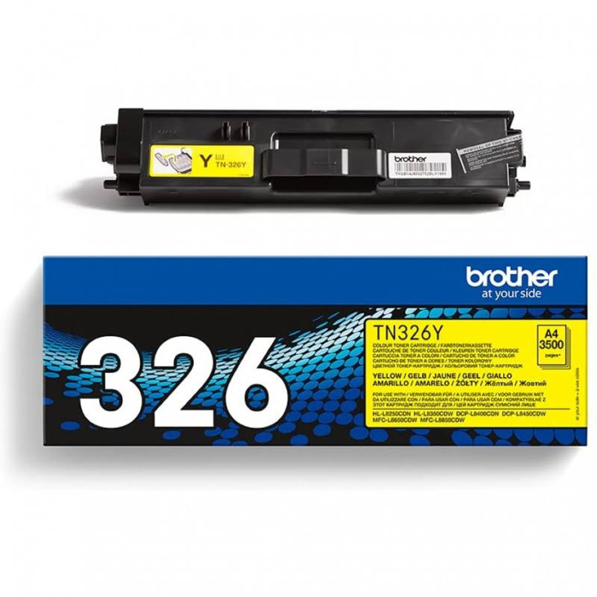 Pudełko z tonerem Brother TN326Y. Żółte i niebieskie z białym tekstem i żółtym tonerem.
