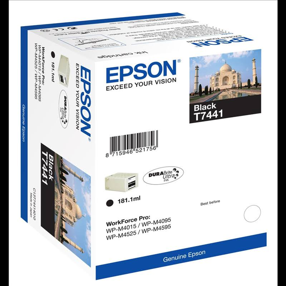 Epson Tintenpatronenbox mit Taj Mahal-Bild. Text lautet: 'Exceed Your Vision'.