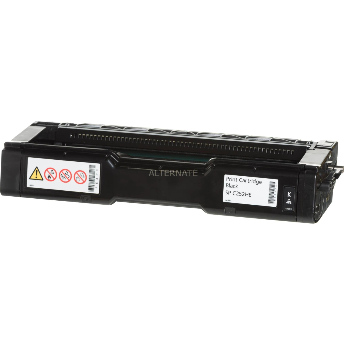 Een zwarte printertonercartridge met het label 'Alternate'. Het heeft een wit label en waarschuwingssymbolen.
