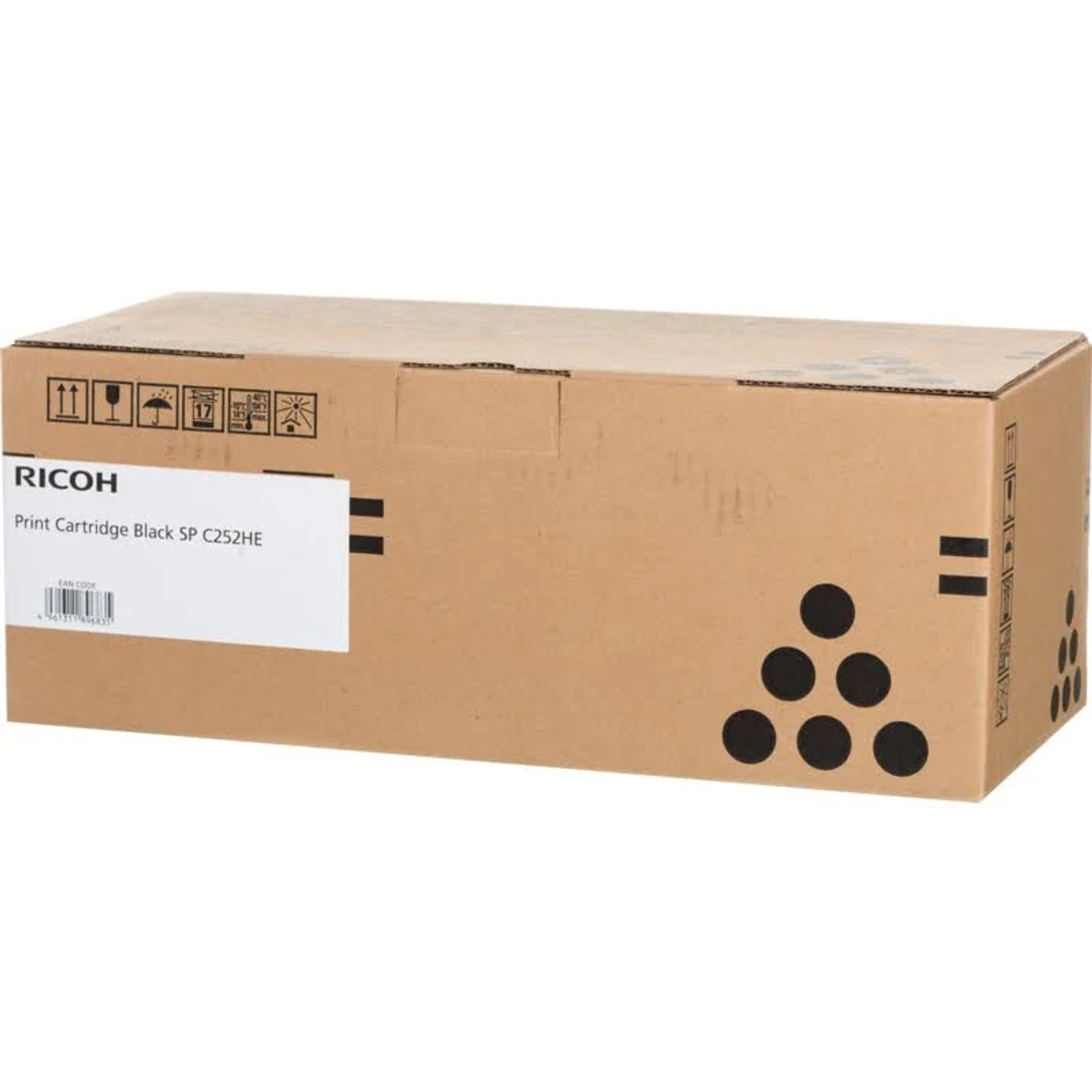 Bruine printercartridge doos, gelabeld 'RICOH'. Zwarte printcartridge SP C252HE binnenin.