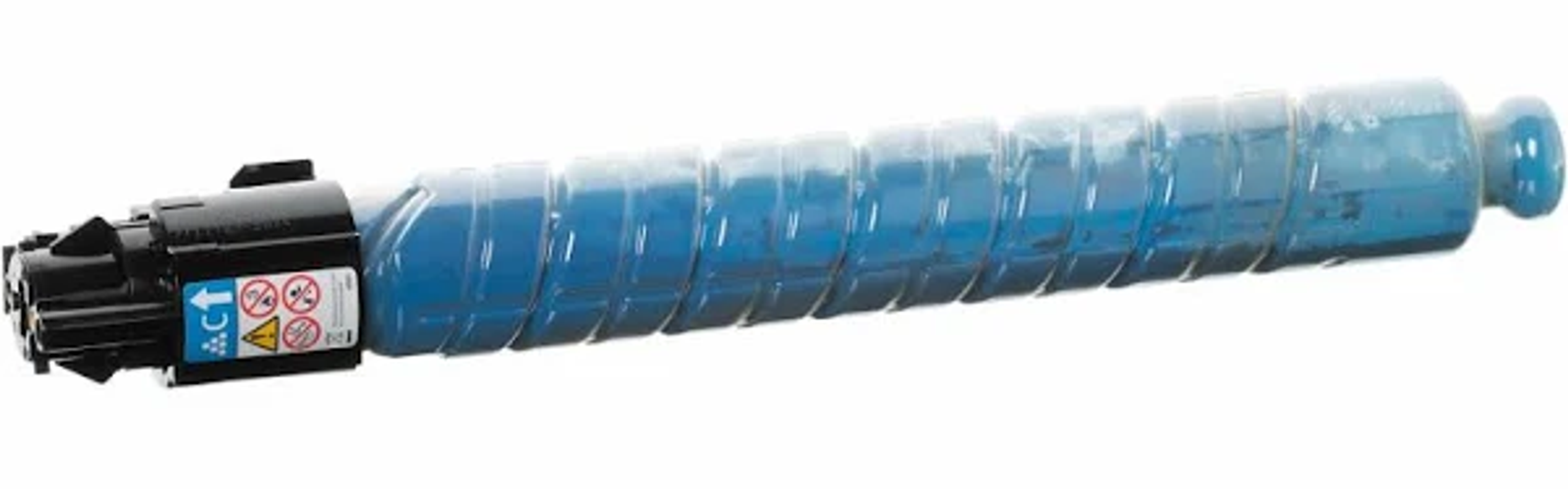 Een blauwe tonercartridge met zwarte en blauwe accenten.