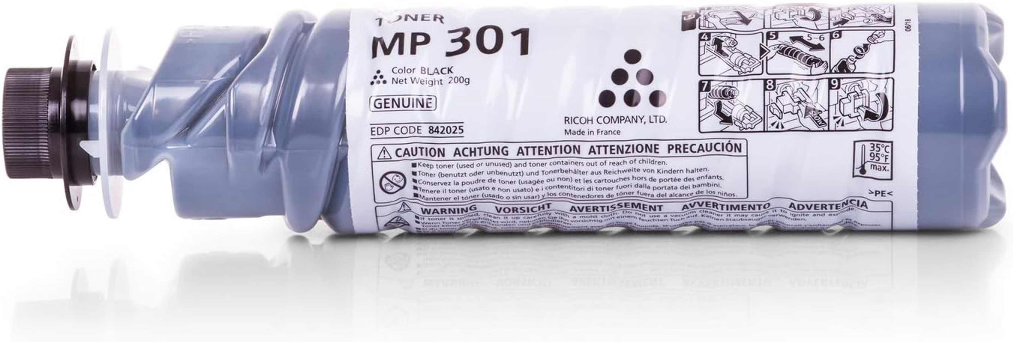 Ricoh MP 301 tonercartridge. Zwart en grijs plastic met productinformatie.