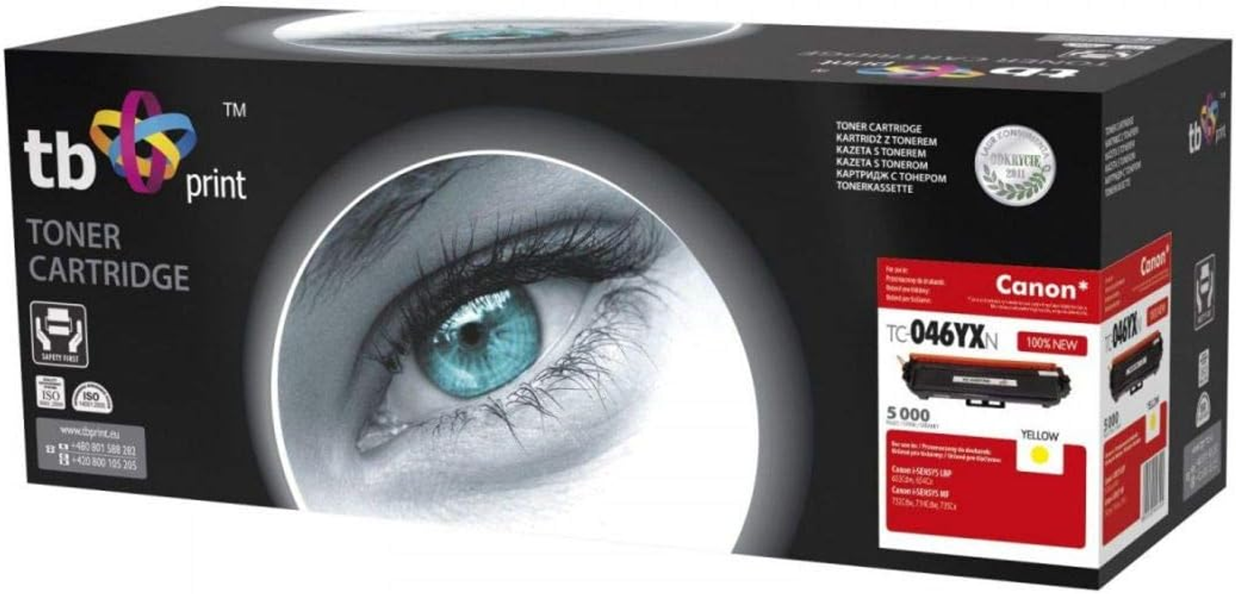 Una scatola di cartucce toner nera con una grande grafica oculare. Testo e prodotto sono mostrati.