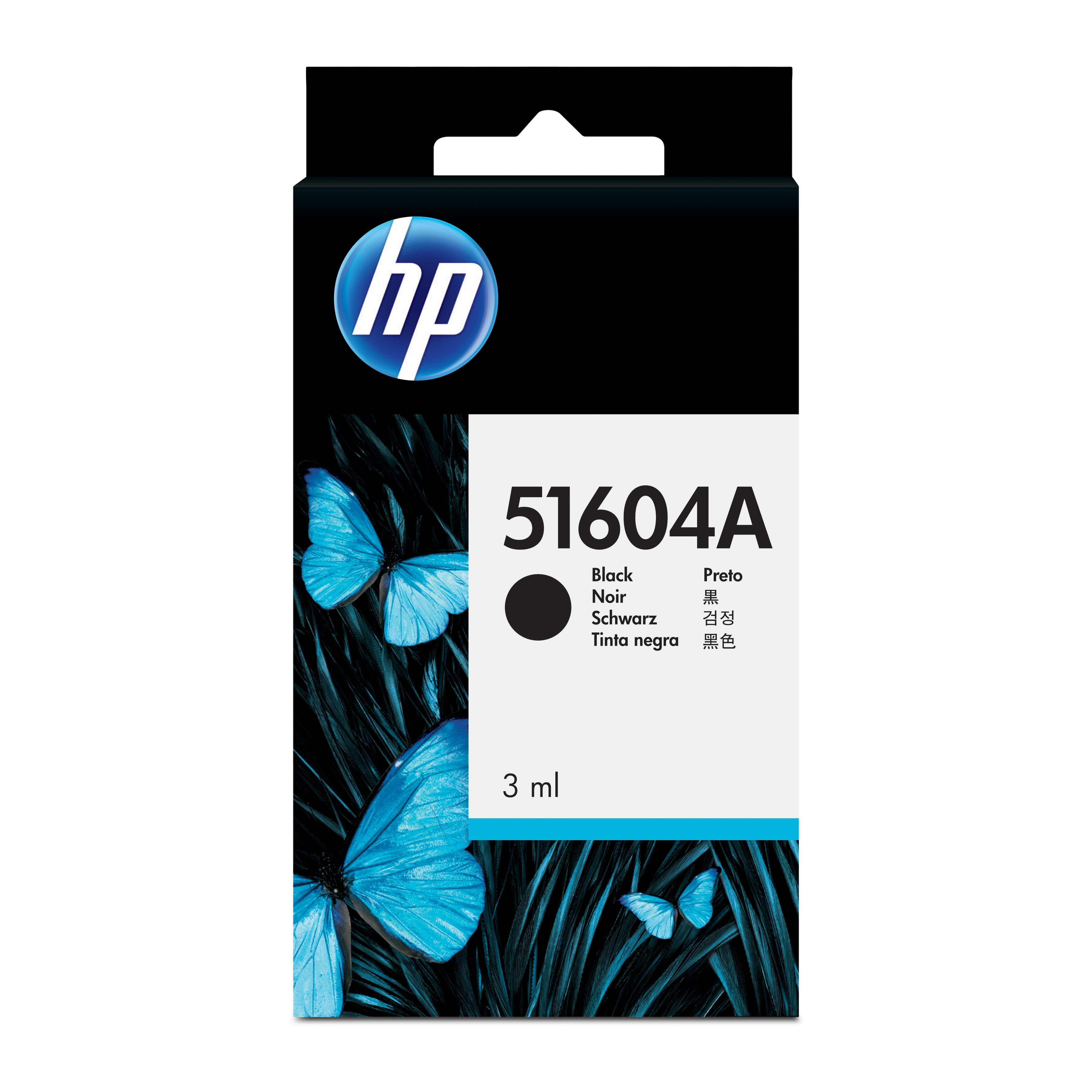Caja de cartucho de tinta HP 51604A con símbolo de tinta negra y mariposas azules sobre fondo negro.