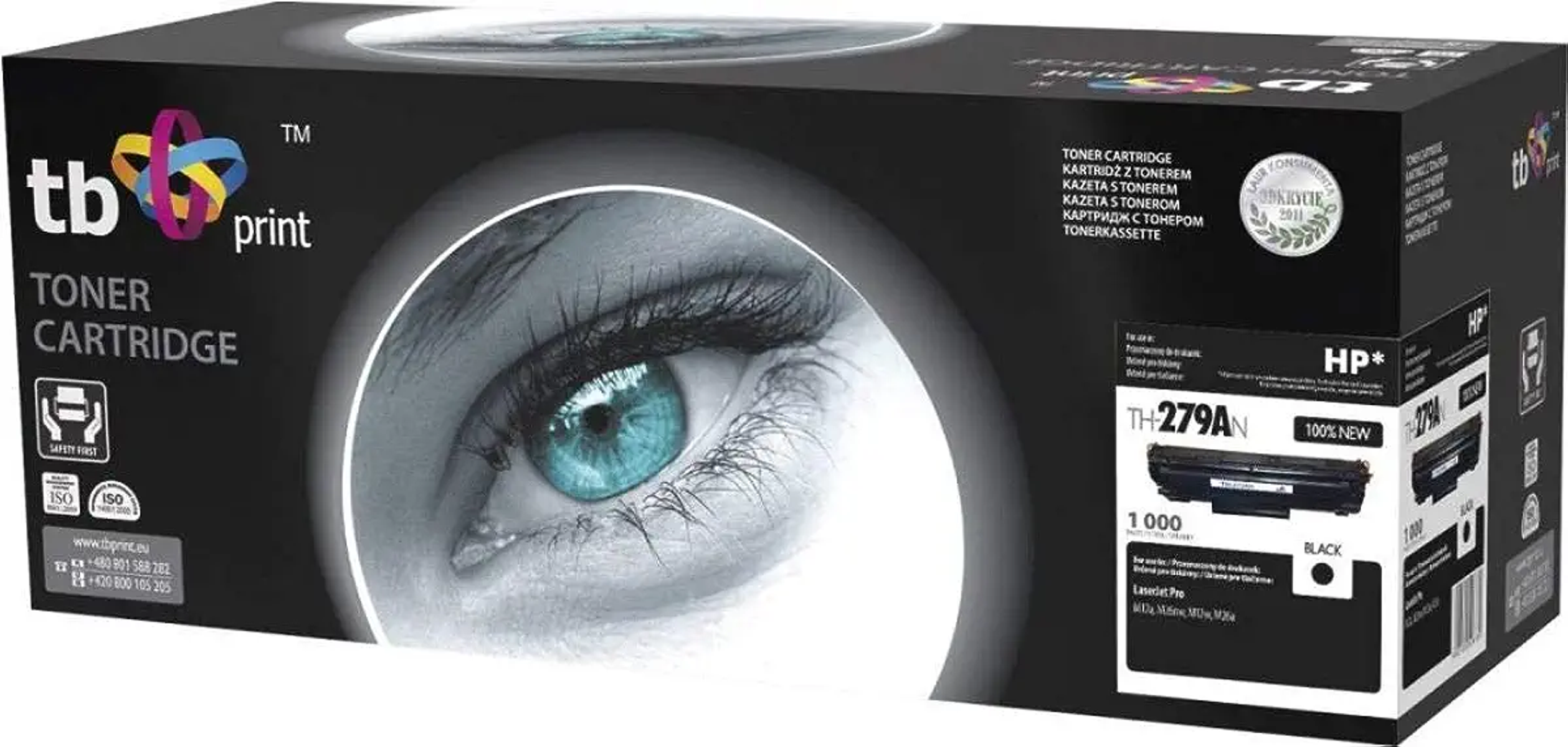 Scatola cartuccia toner nera e grigio scuro. Immagine grande dell'occhio sul davanti. 'Cartuccia toner'.