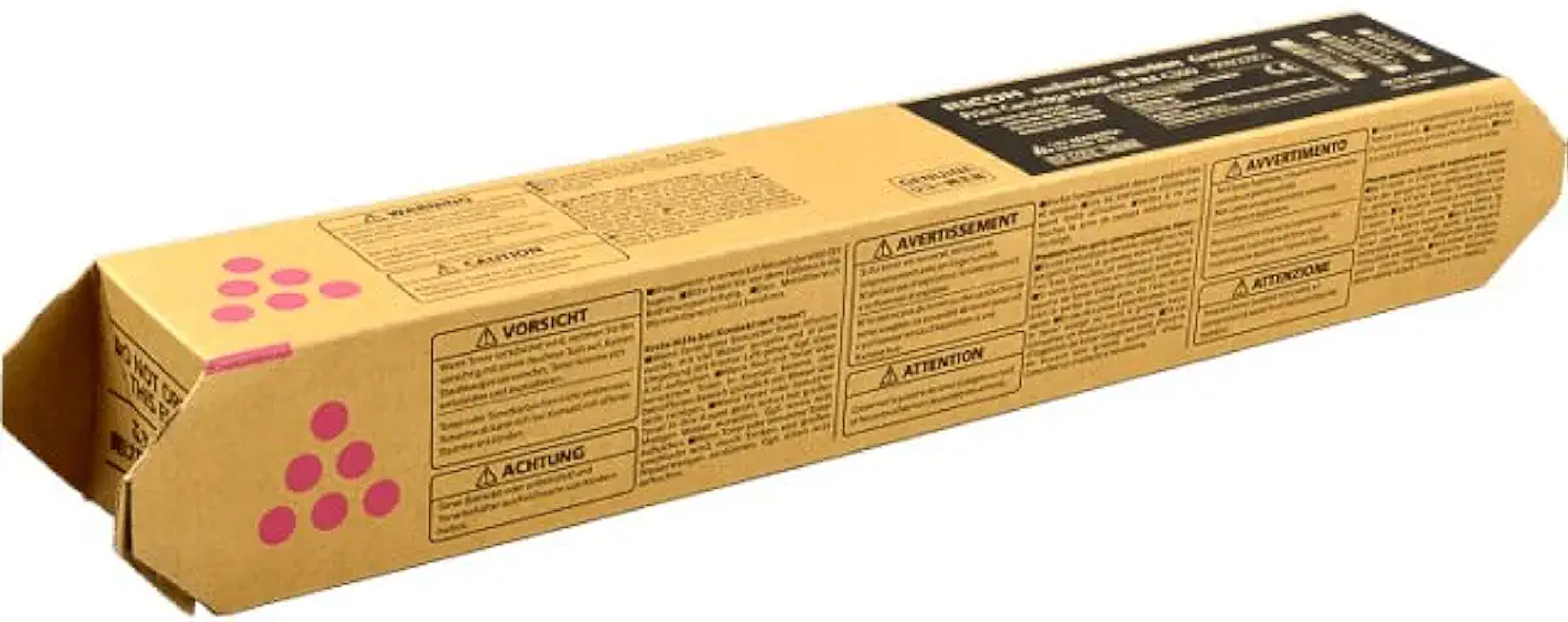 Prostokątne kartonowe pudełko z nadrukowanym tekstem. Pudełko jest jasnobrązowe z różowymi akcentami.