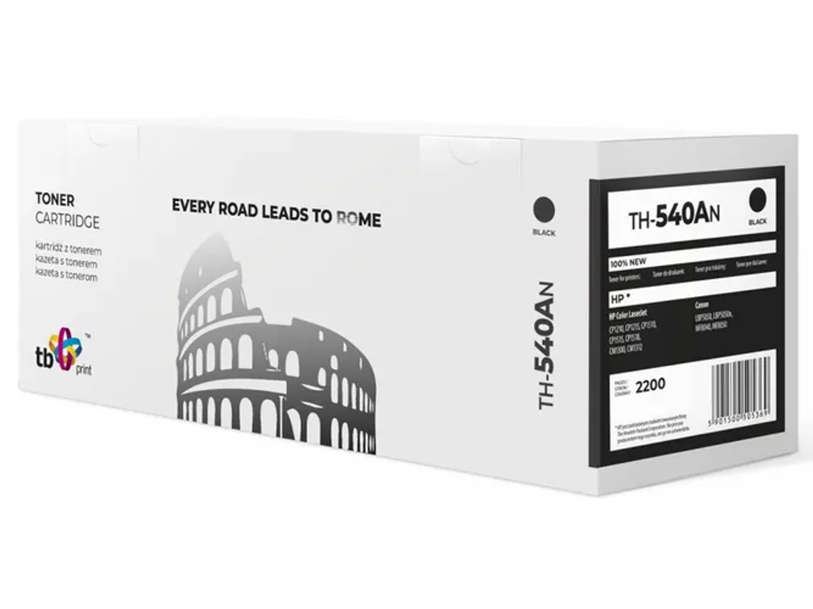 Weiße Box mit schwarzem Aufdruck. Es steht: Tonerpatrone. TH-540AN. Schwarz. Colosseum-Bild.