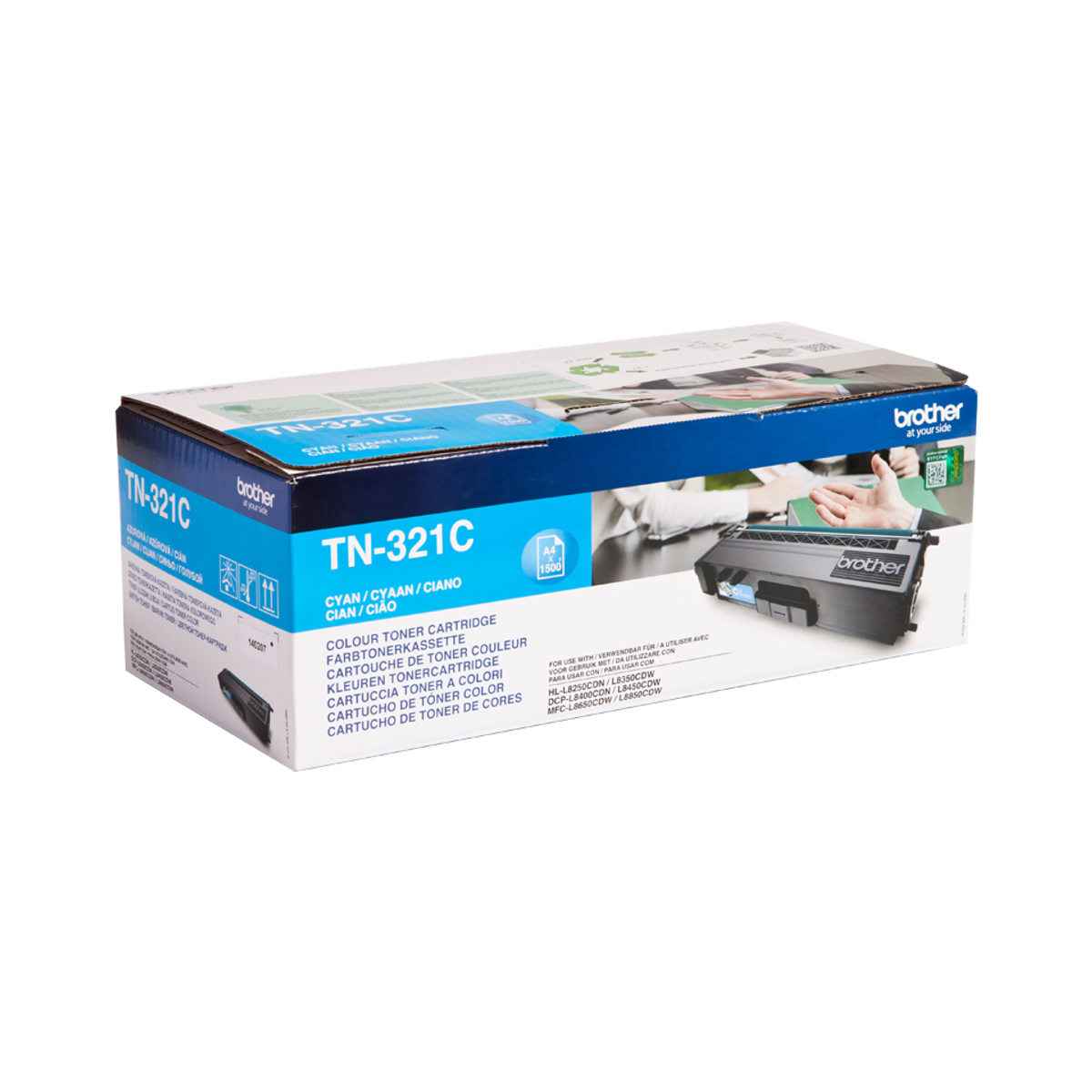 Scatola cartuccia toner Brother, blu e bianca. Sfondo bianco.