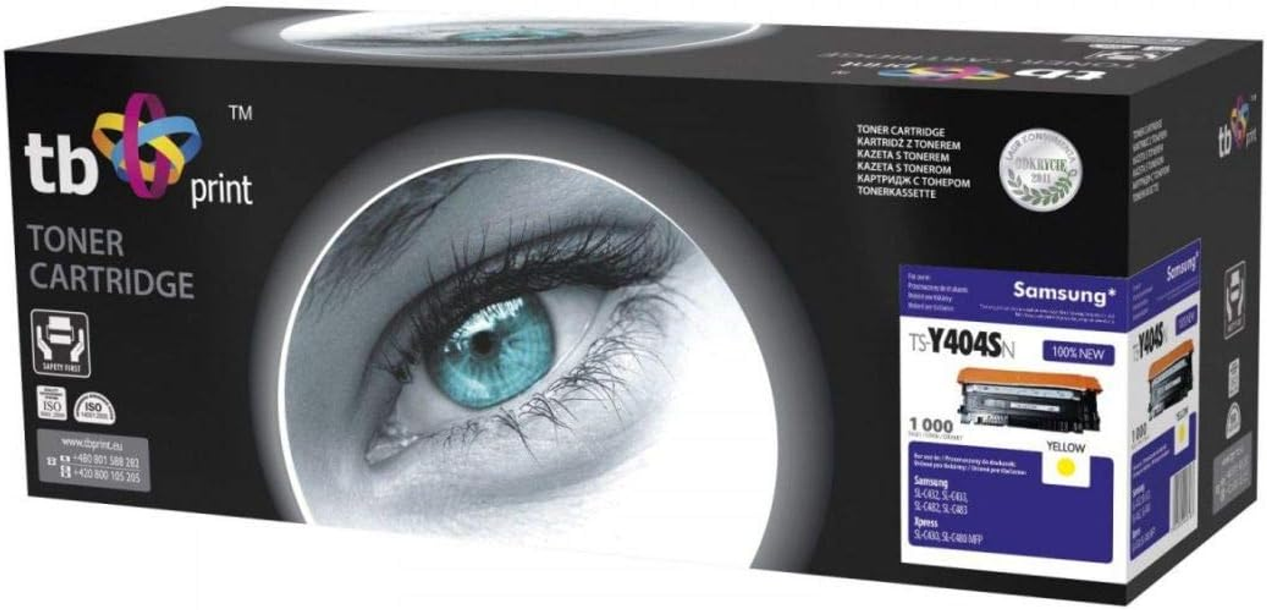 Una scatola di cartucce toner nera con una grande grafica oculare. Testo e prodotto sono mostrati.