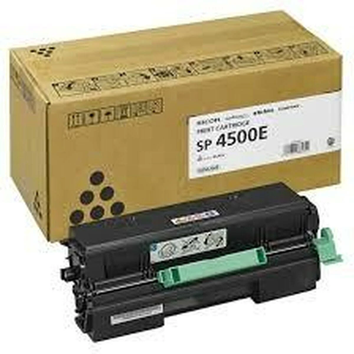 Bruine kartonnen doos met een zwarte tonercartridge. De cartridge ligt op een wit oppervlak.