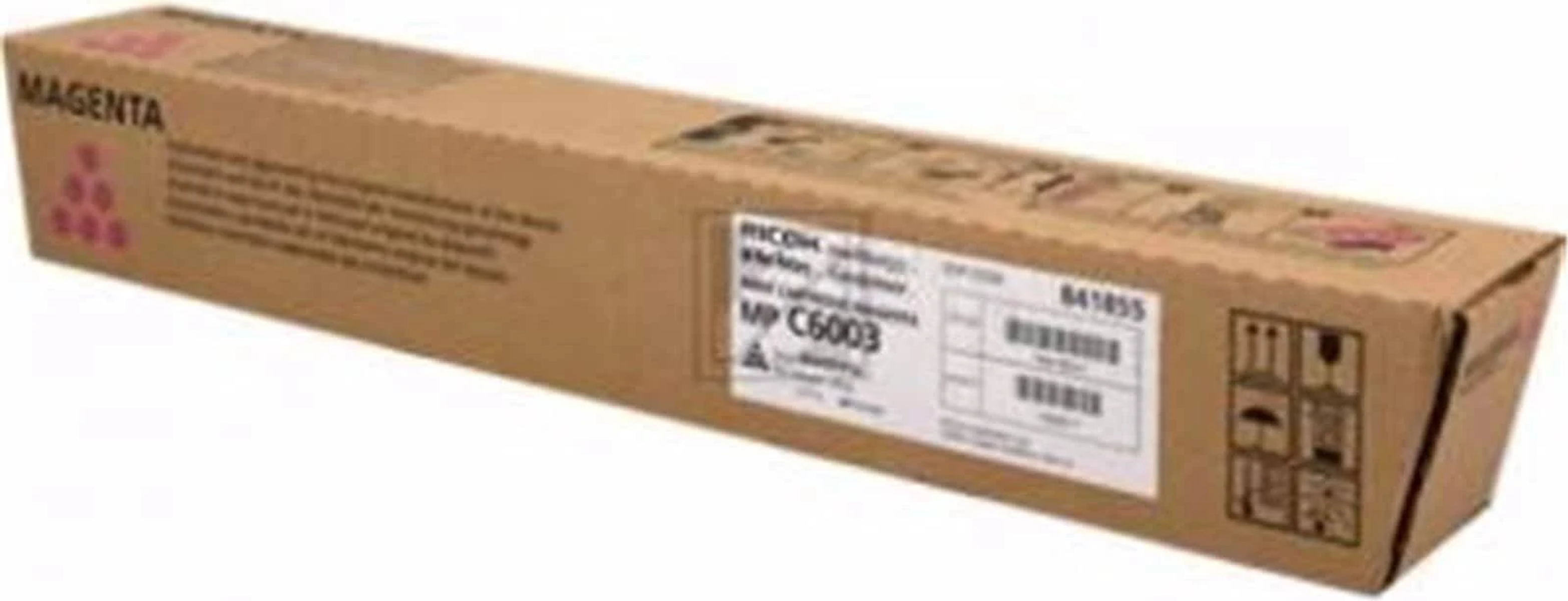 Brązowe, prostokątne pudełko z etykietą 'Magenta' i wkładem tonera 'RICOH'.