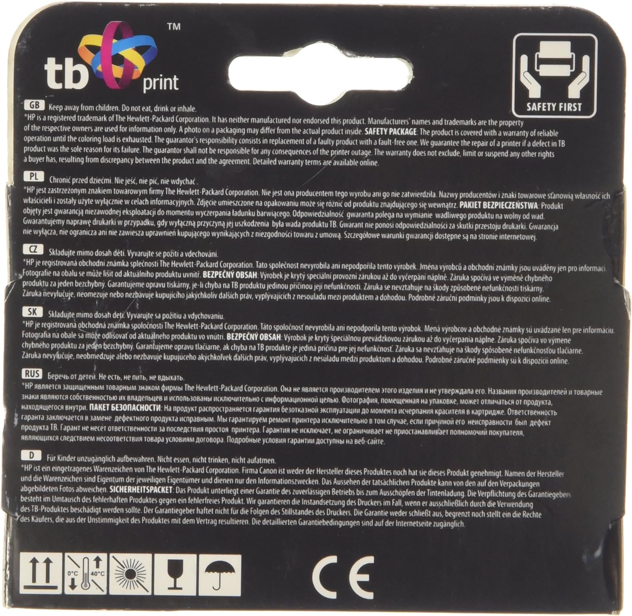 Die Rückseite einer Box mit mehreren Sprachen, einschließlich Englisch, mit einem 'Safety First'-Etikett.