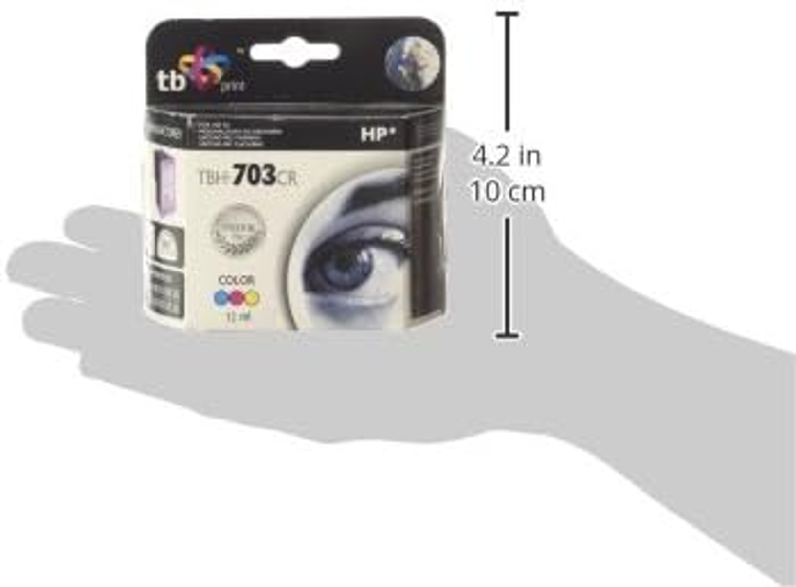 Kleine Tonerkartuschenbox mit blauem Auge. Die Box hat das tb print Logo und zeigt das Maß.