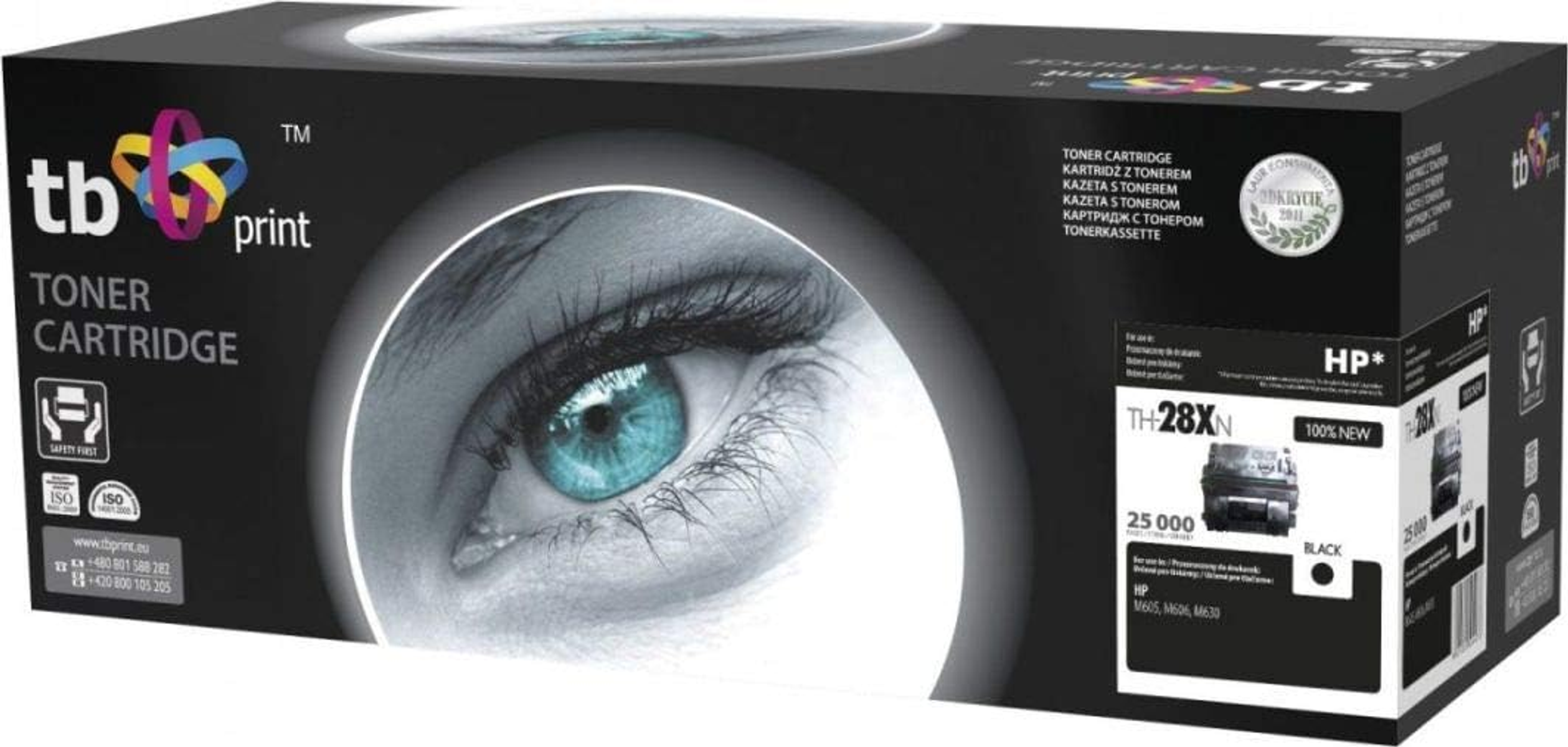 Scatola cartuccia toner nera e grigio scuro. Immagine grande dell'occhio sul davanti. 'Cartuccia toner'.