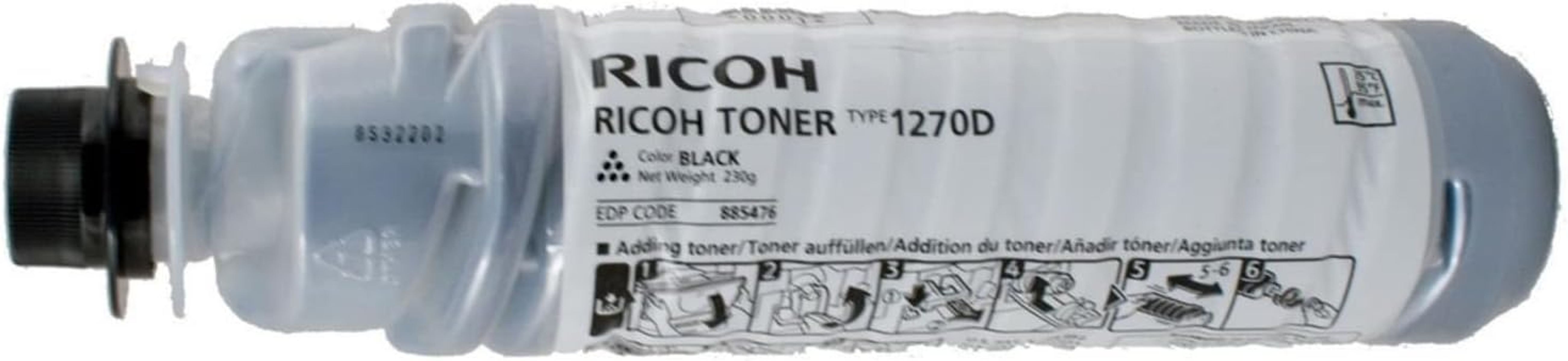 Cartuccia toner Ricoh con etichetta '1270D', toner nero. Etichetta bianca, istruzioni e tappo nero.
