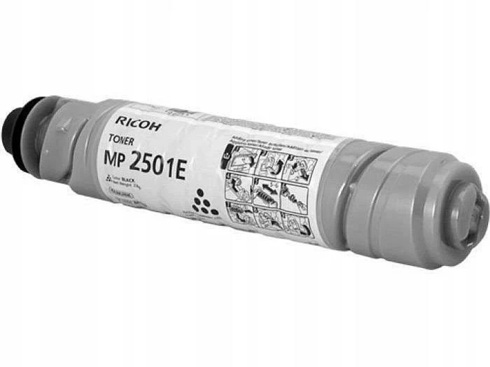 Toner Ricoh z etykietą 'MP 2501E'. Czarny toner z instrukcjami na etykiecie.