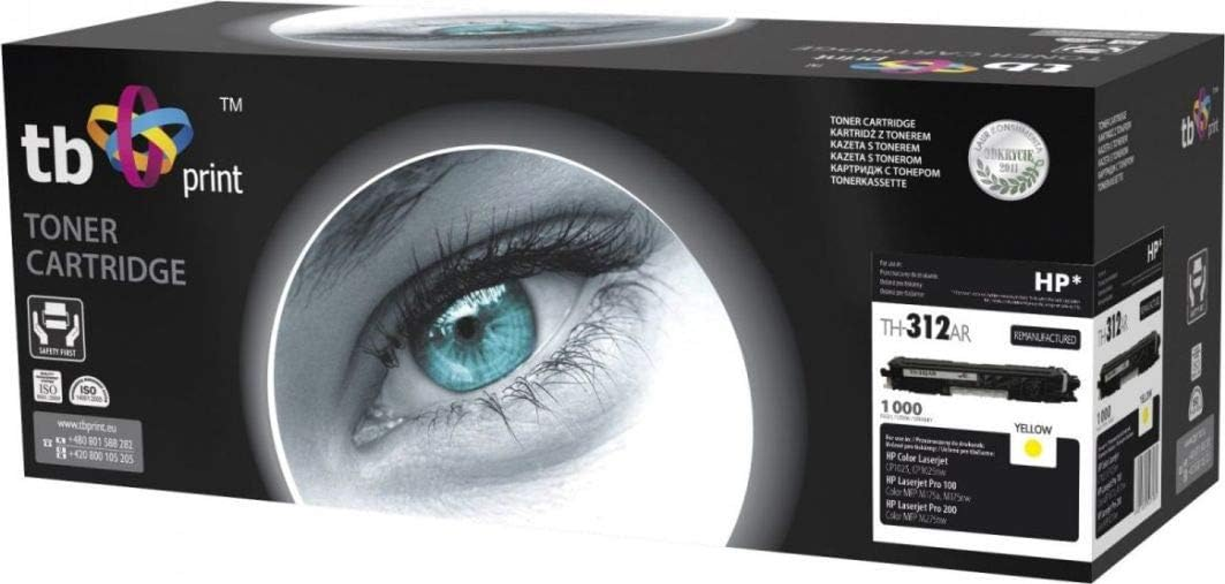 Una scatola di cartucce toner nera con una grande grafica oculare. Testo e prodotto sono mostrati.