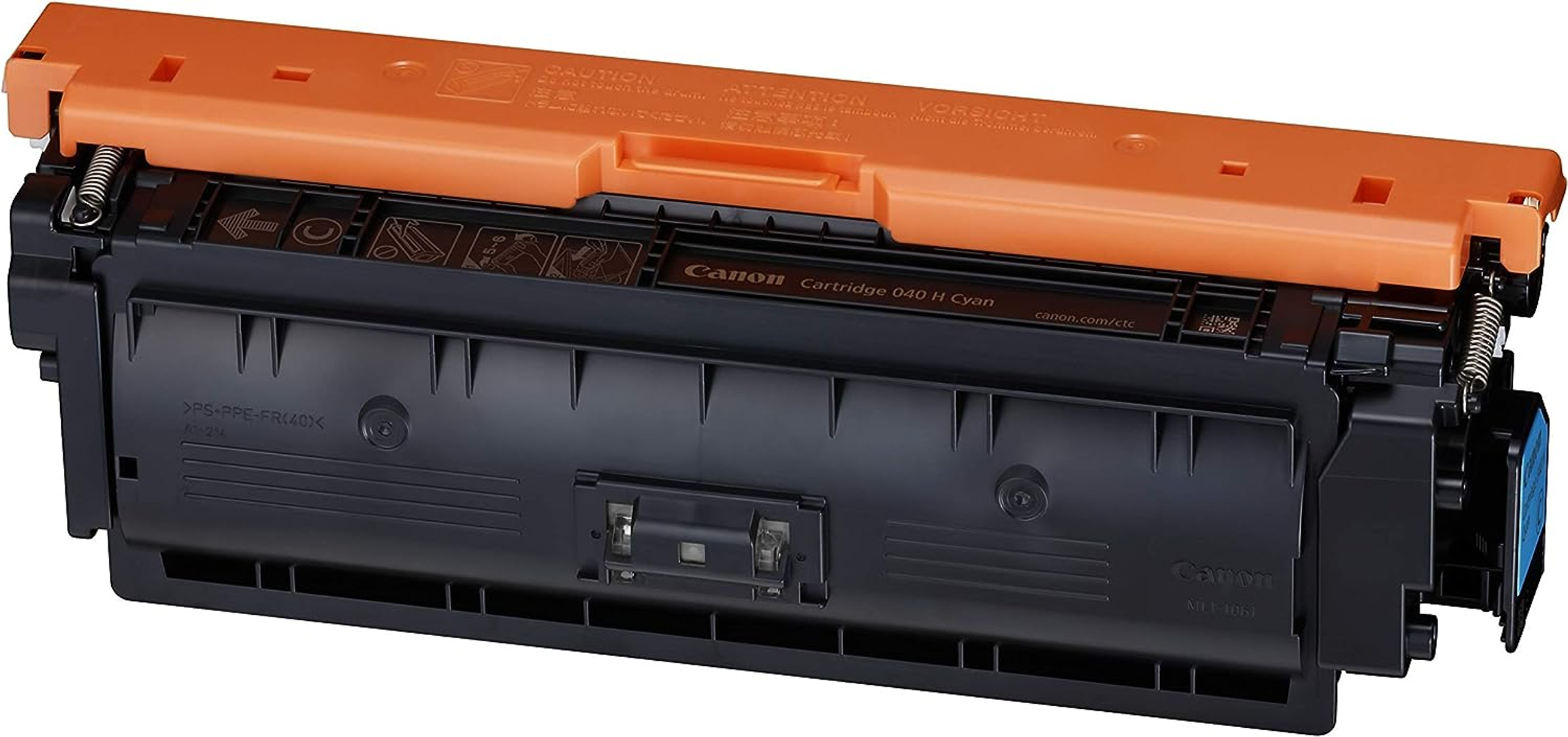 Czarny i pomarańczowy toner, produkt Canon. Toner jest na białym tle.