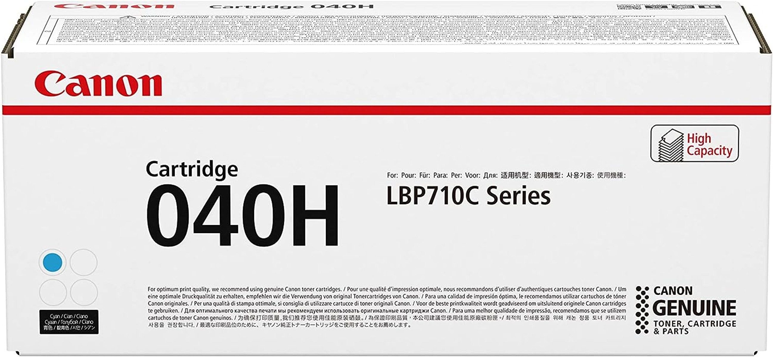 Białe pudełko z tonerem Canon z niebieskimi akcentami. Tekst i logo są obecne.