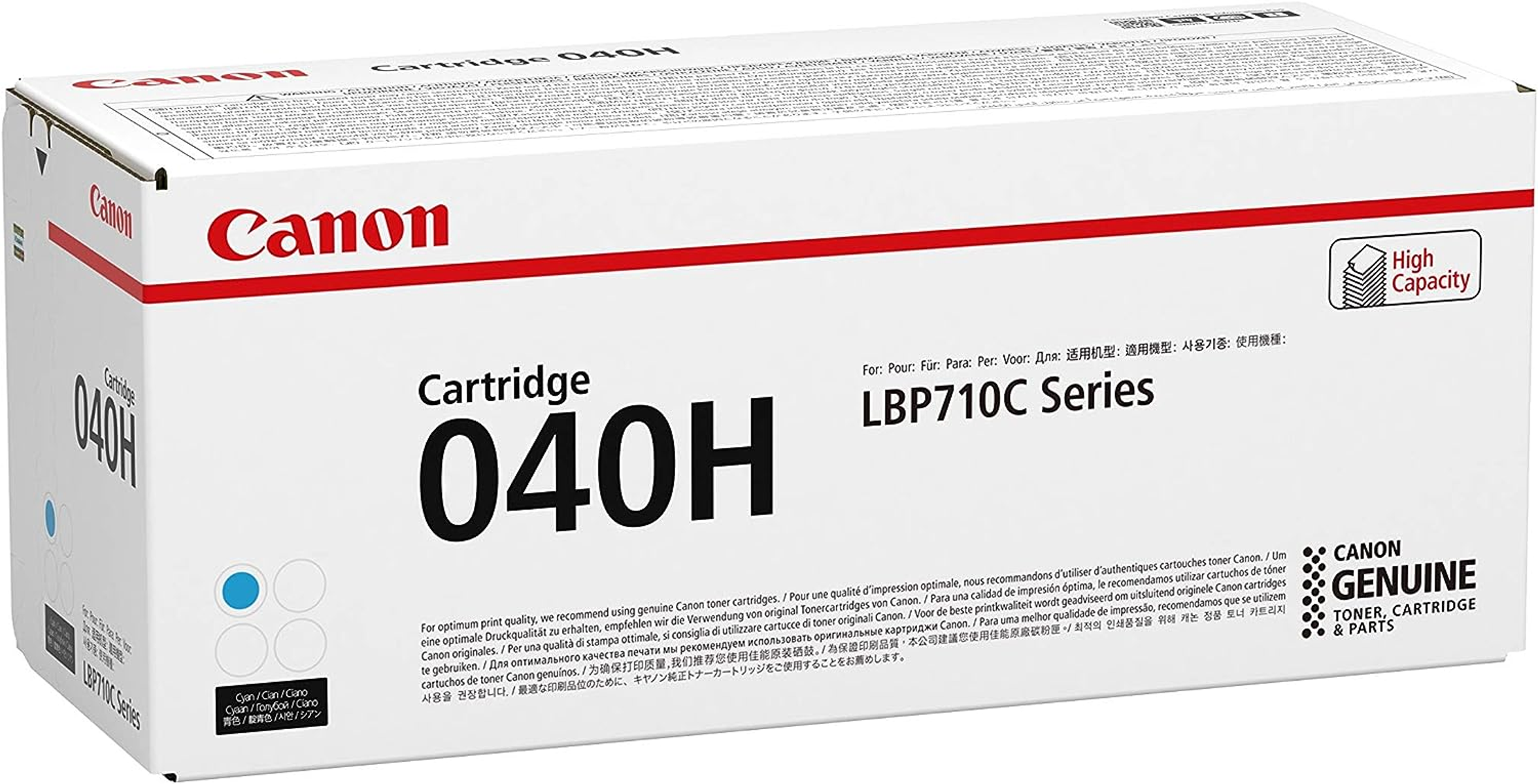 Białe pudełko z tonerem Canon z niebieskimi akcentami. Tekst i logo są obecne.