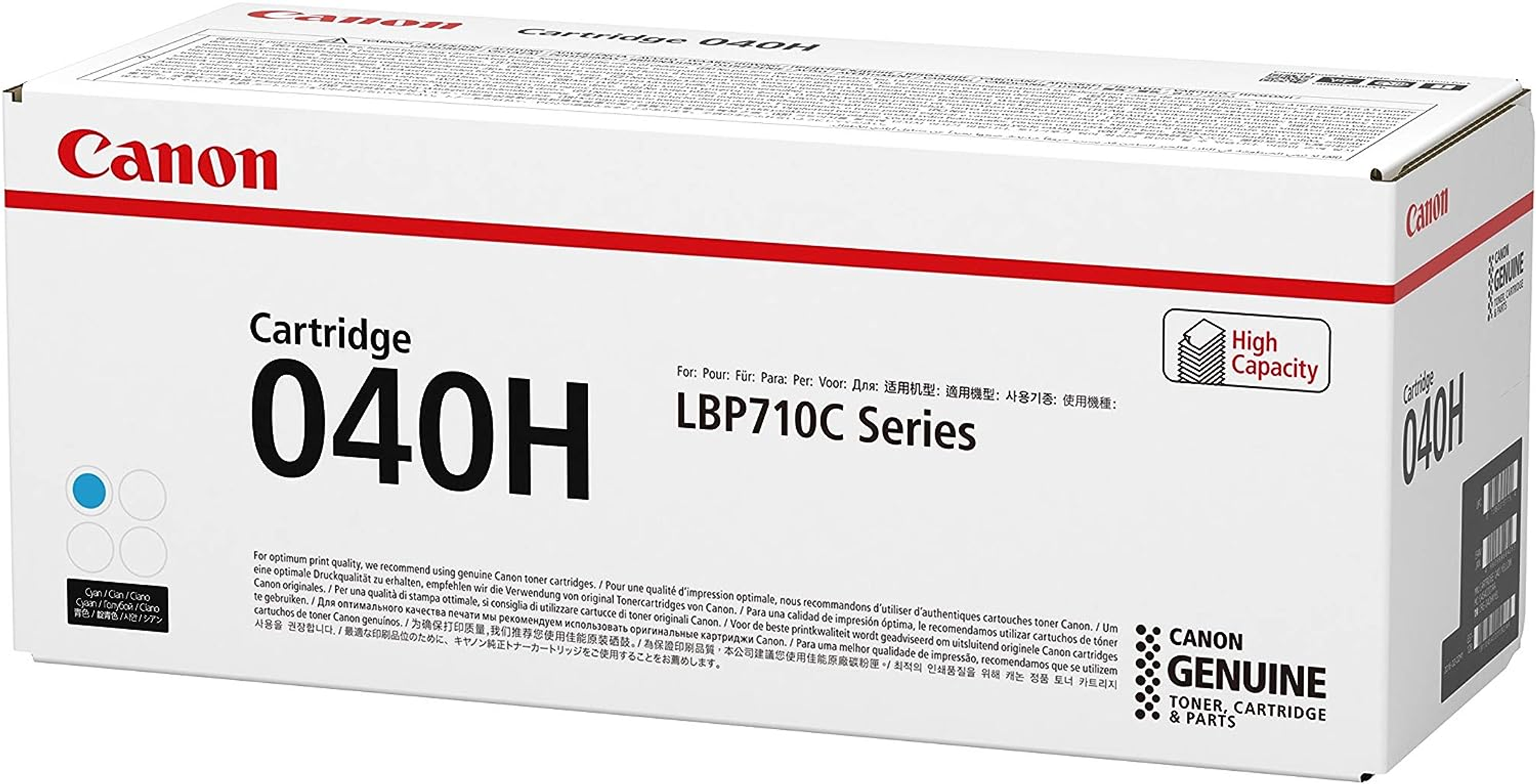 Białe pudełko z tonerem Canon z niebieskimi akcentami. Tekst i logo są obecne.