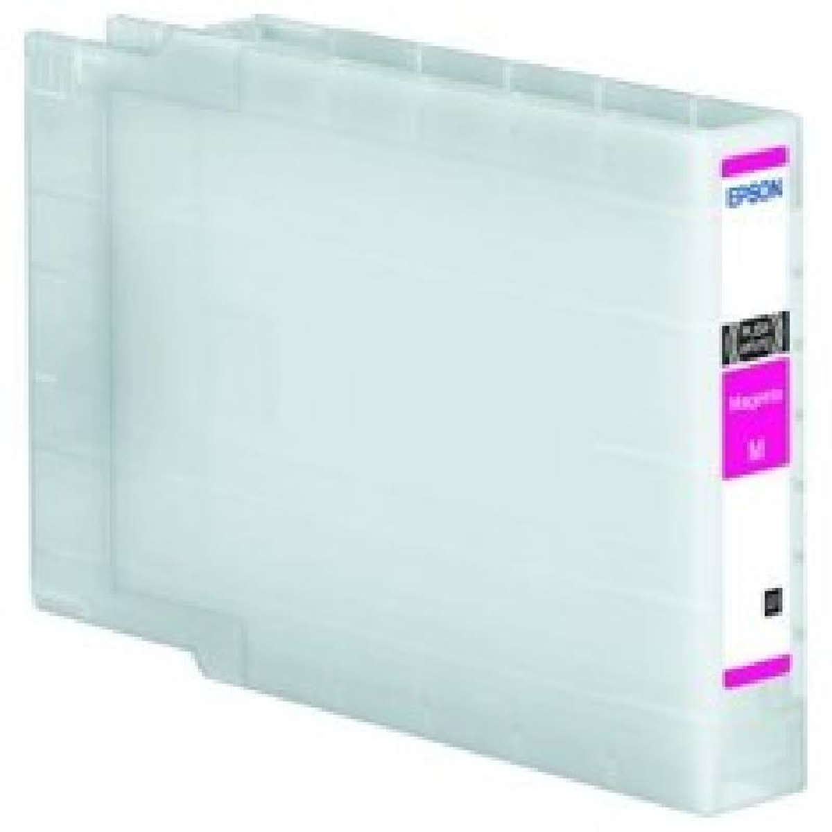 Cartuccia d'inchiostro Epson bianca con striscia magenta, su sfondo bianco.