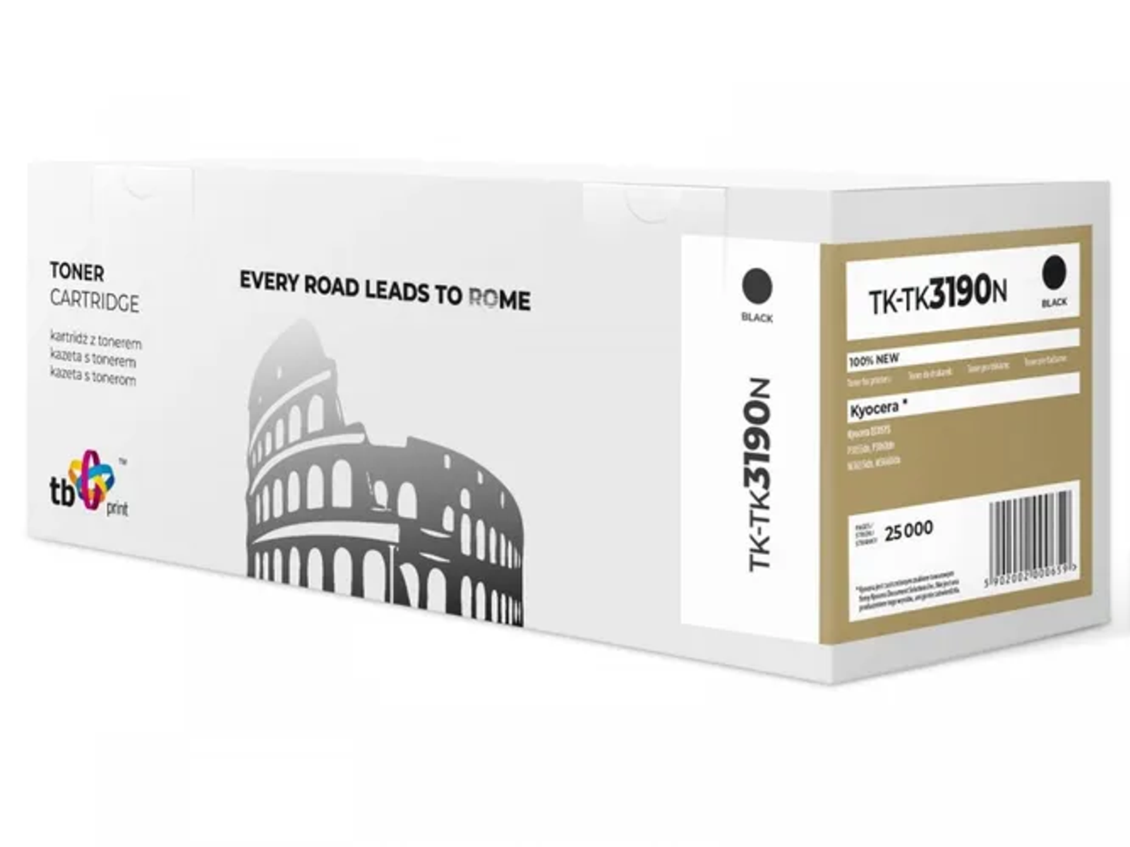 Białe pudełko z tonerem ze szczegółami produktu i frazą 'Every road leads to Rome'.