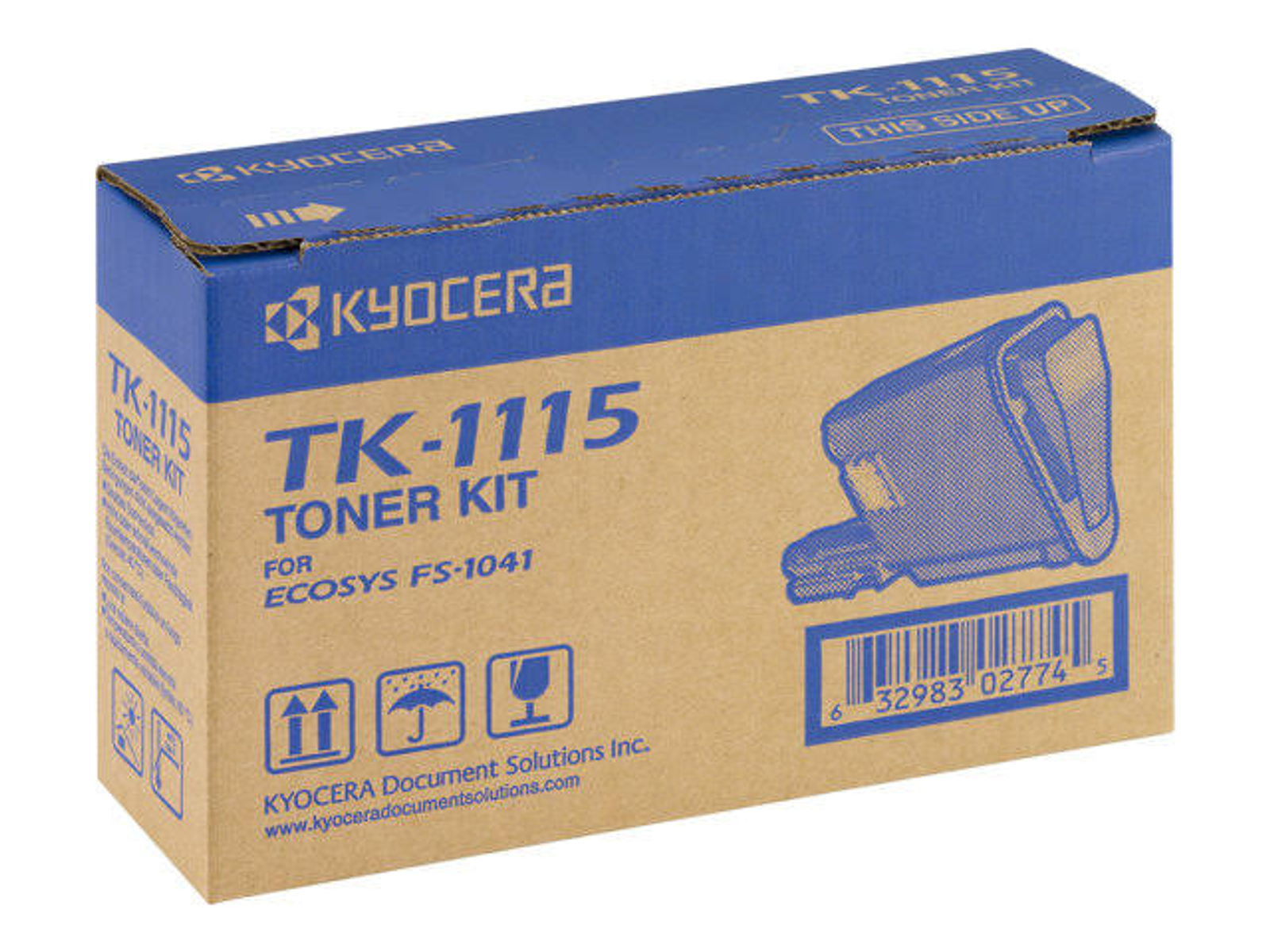 Pudełko z tonerem Kyocera TK-1115. Niebiesko-brązowe pudełko z informacjami o produkcie i kodem kreskowym.