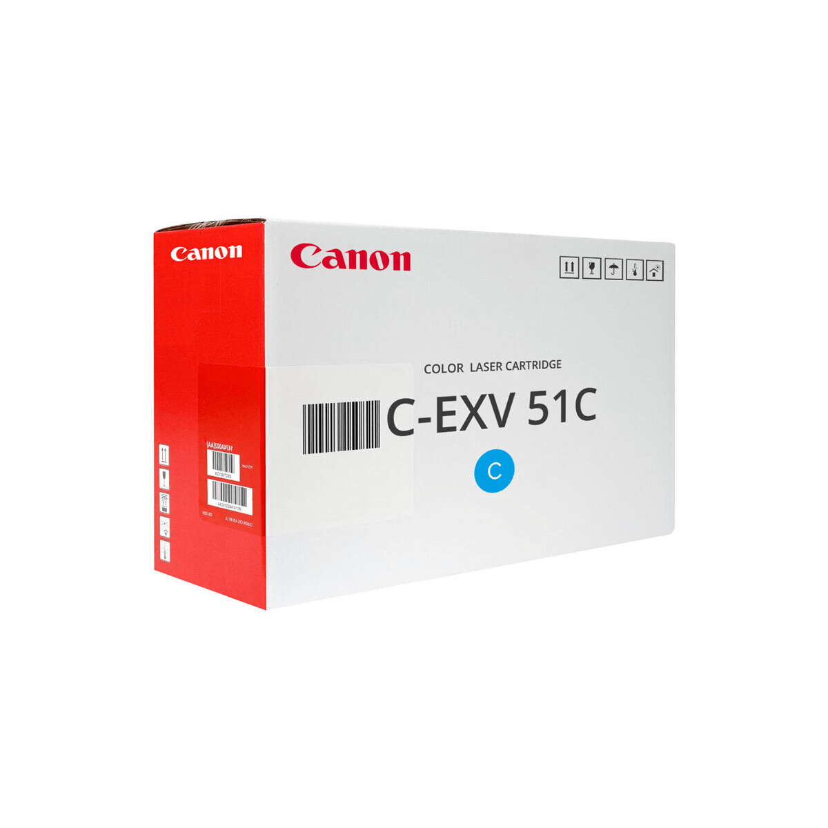 Pudełko z wkładem atramentowym Canon, biało-czerwone, z niebieskim wkładem atramentowym.