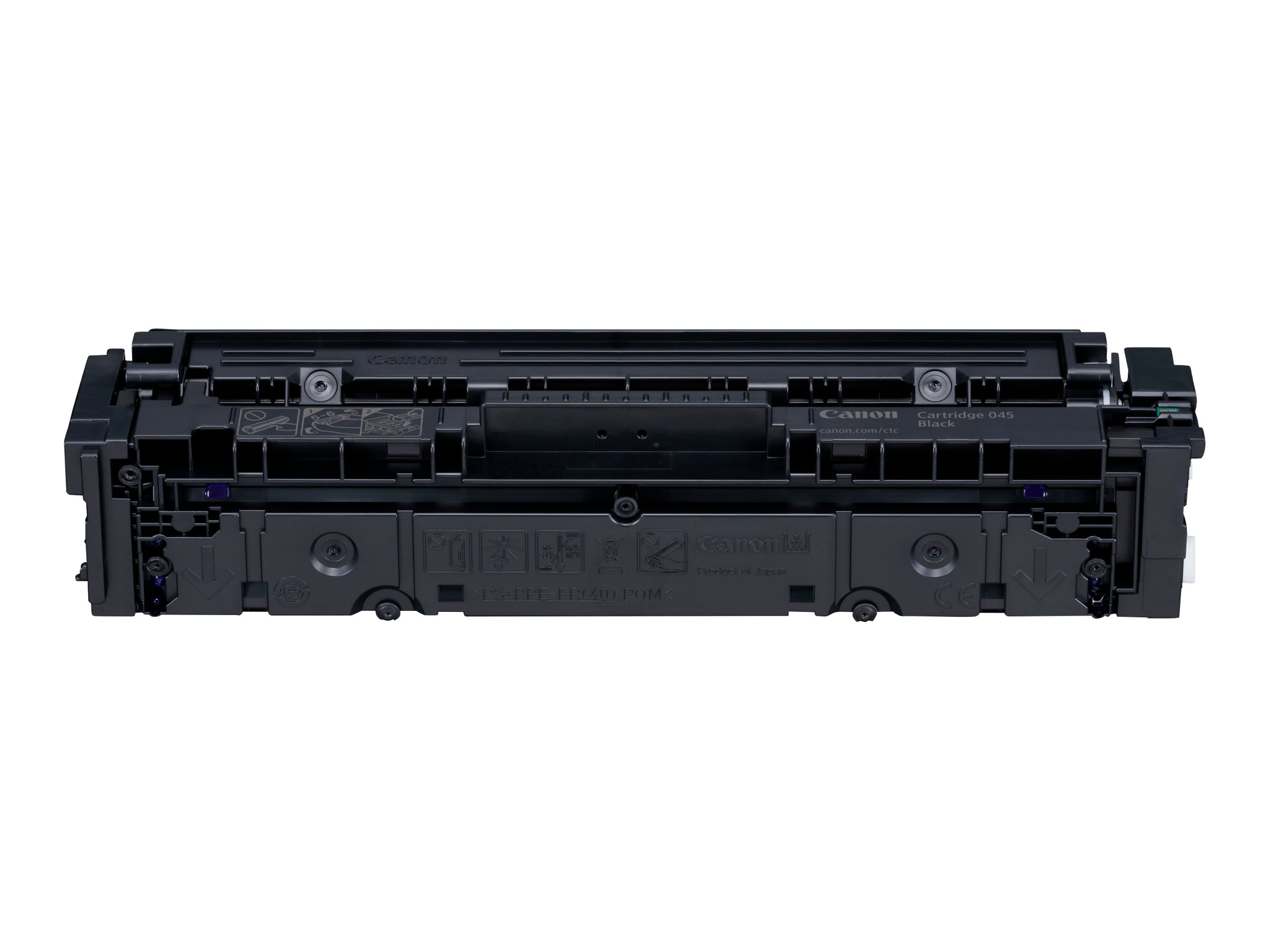 Black Canon cartridge with labels, top view. White background.