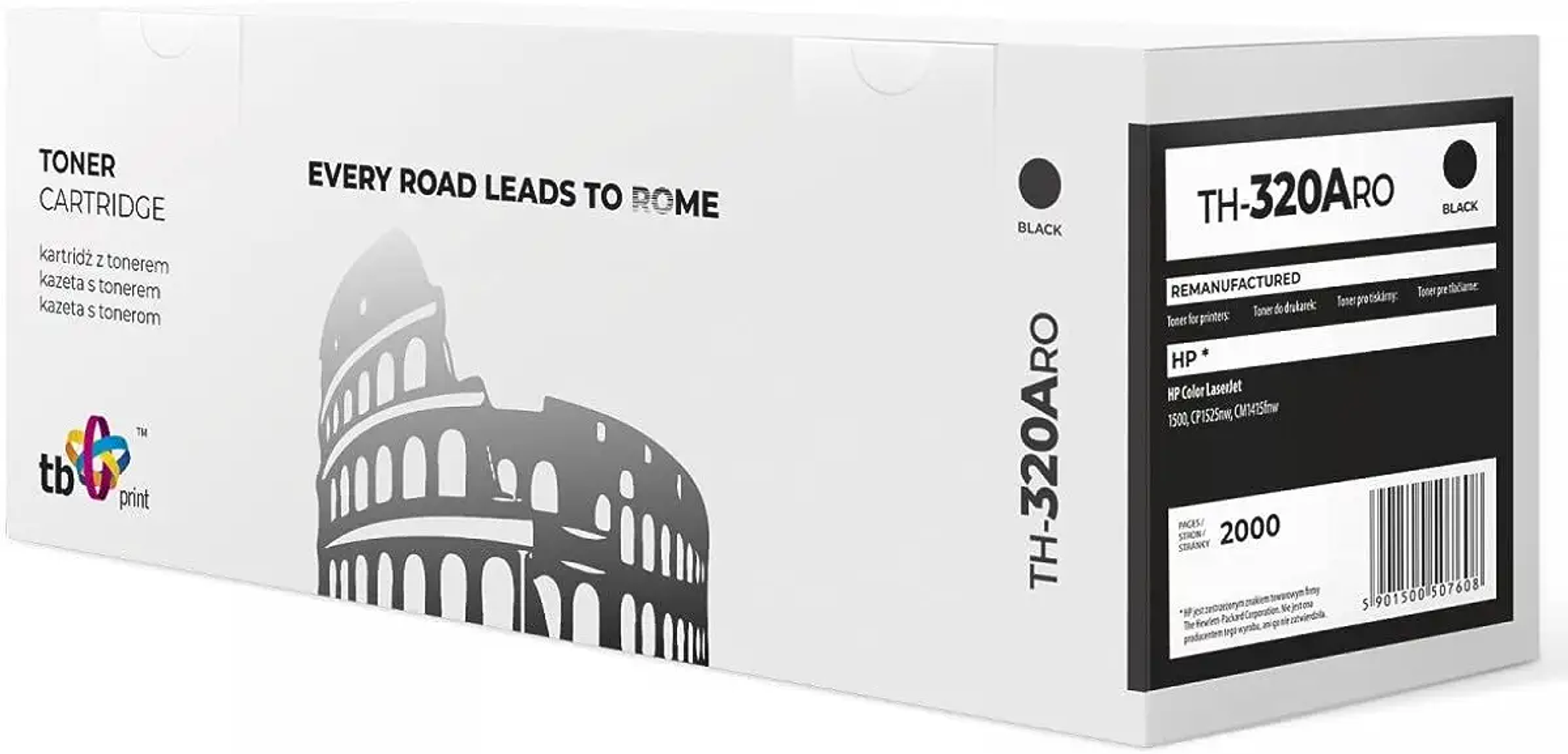 Witte doos met zwarte tonercartridge details. Toont het Colosseum en de woorden 'EVERY ROAD LEADS TO ROME'.