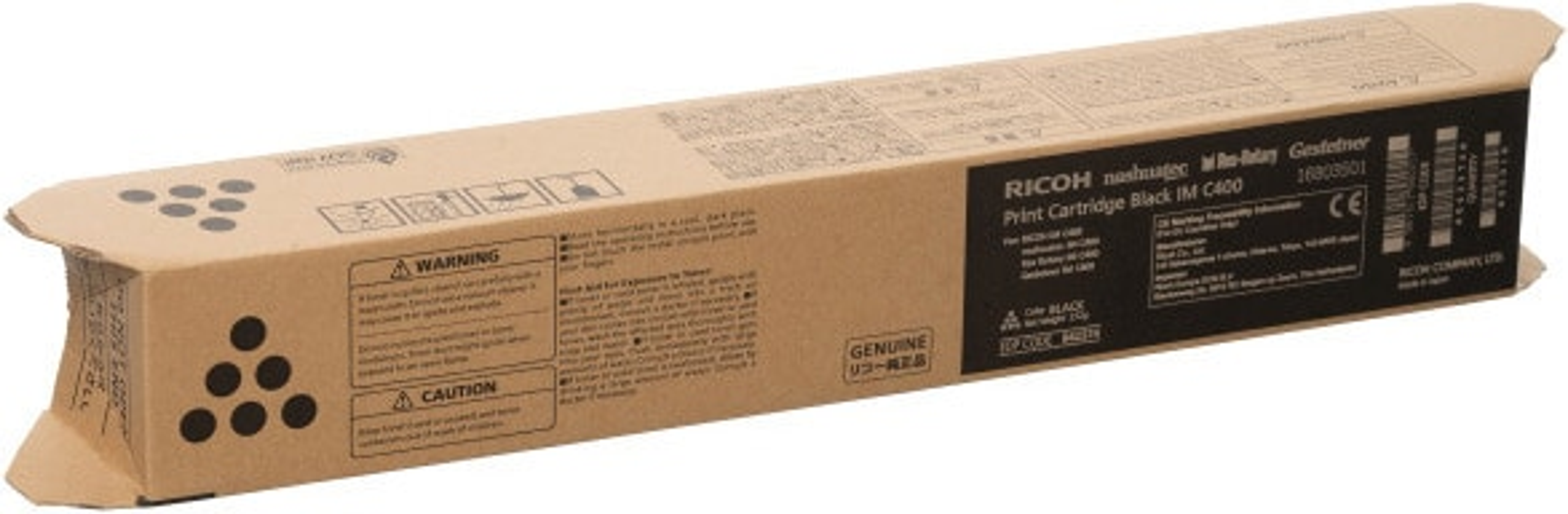 Brązowe pudełko z czarnym tekstem, diagramami i ostrzeżeniami. To wkład drukujący Ricoh.