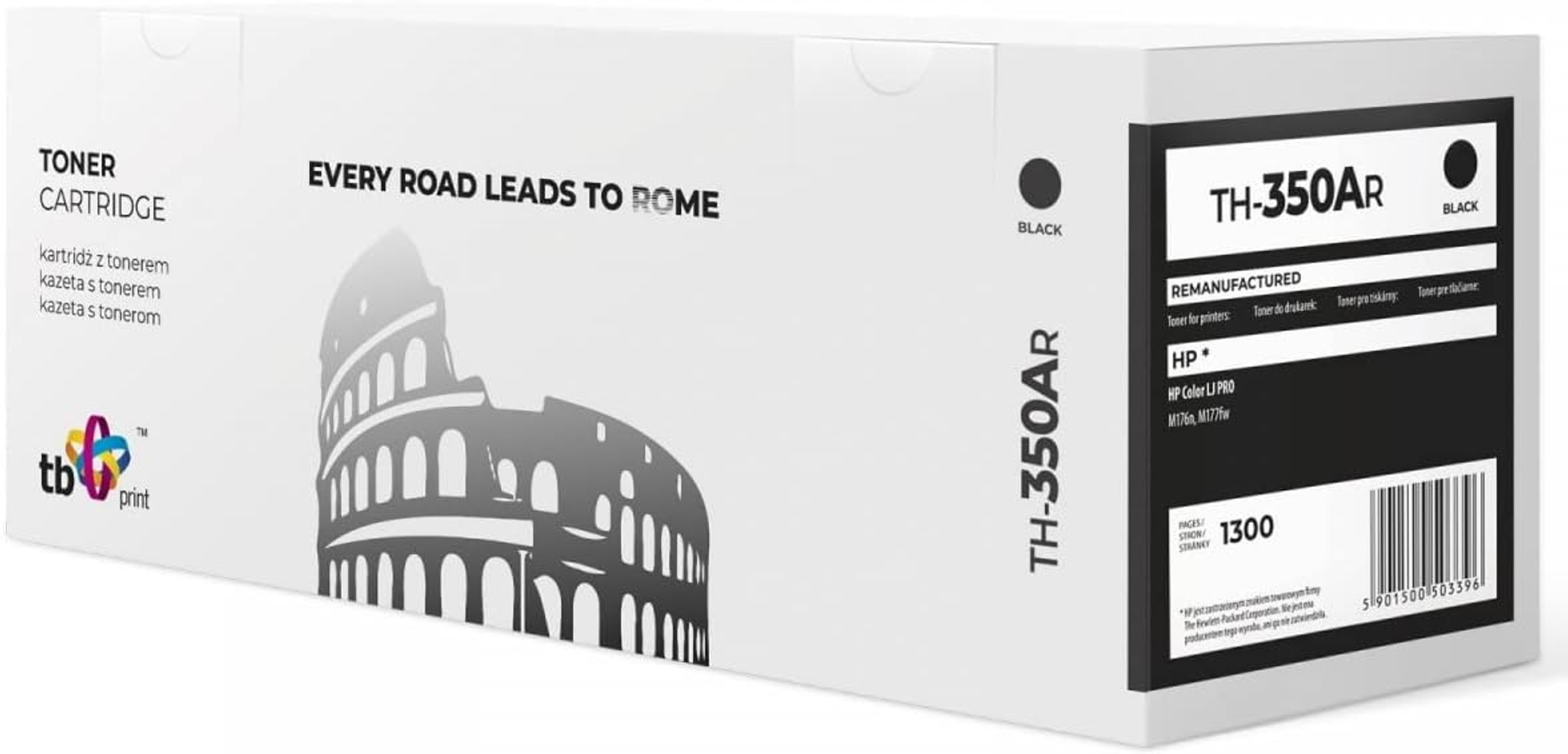 Scatola bianca con dettagli di cartuccia toner nera. La scatola mostra il Colosseo e la frase 'EVERY ROAD LEADS TO ROME'.