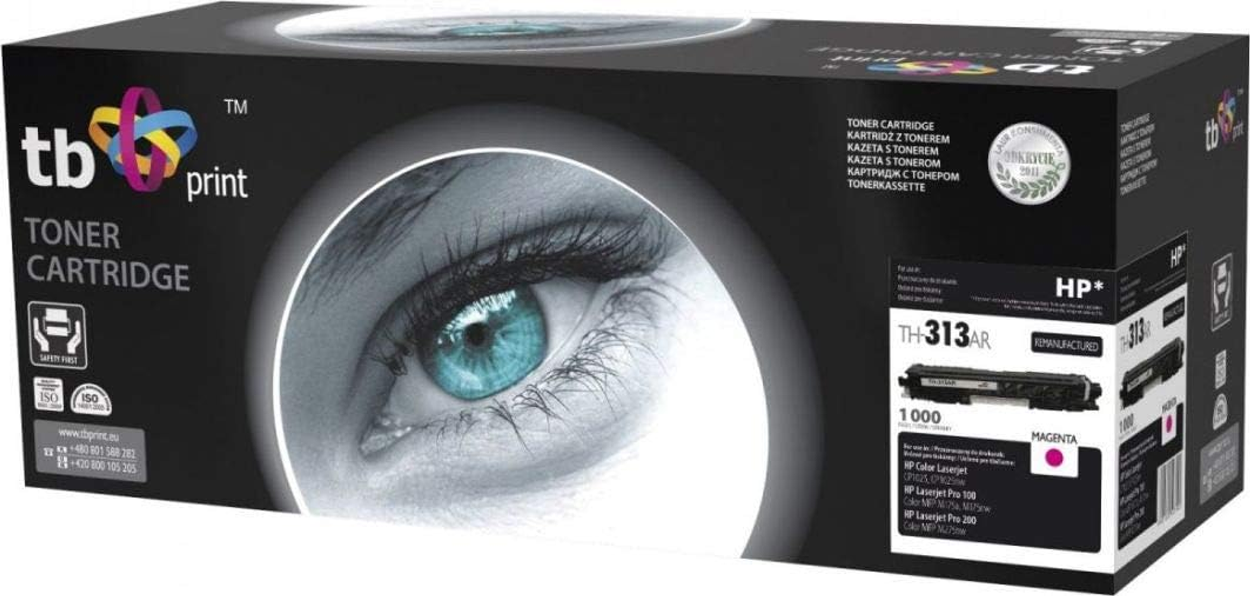 Una scatola di toner nera e blu, con un occhio di donna al centro e l'etichetta 'tb print'.
