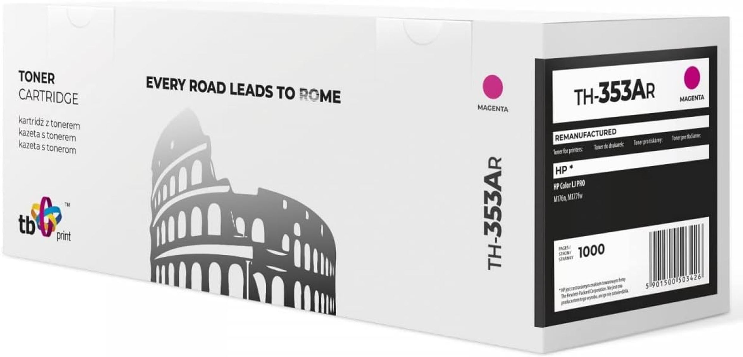 Una scatola di toner bianca con l'immagine del Colosseo, etichettata 'TB print' e 'Magenta'.