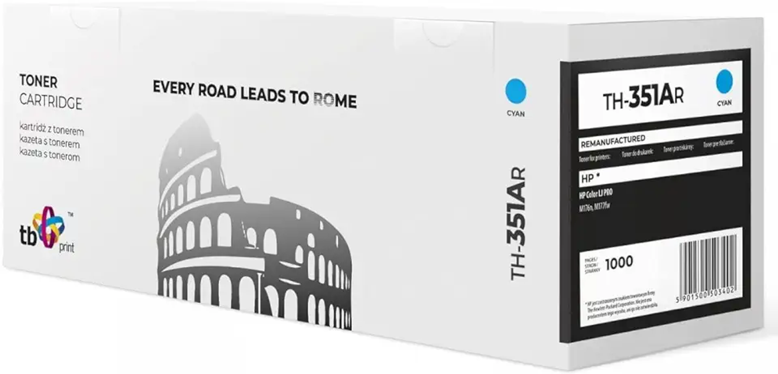 Een witte en cyaan tonercartridgedoos met een illustratie van Rome en tekst.
