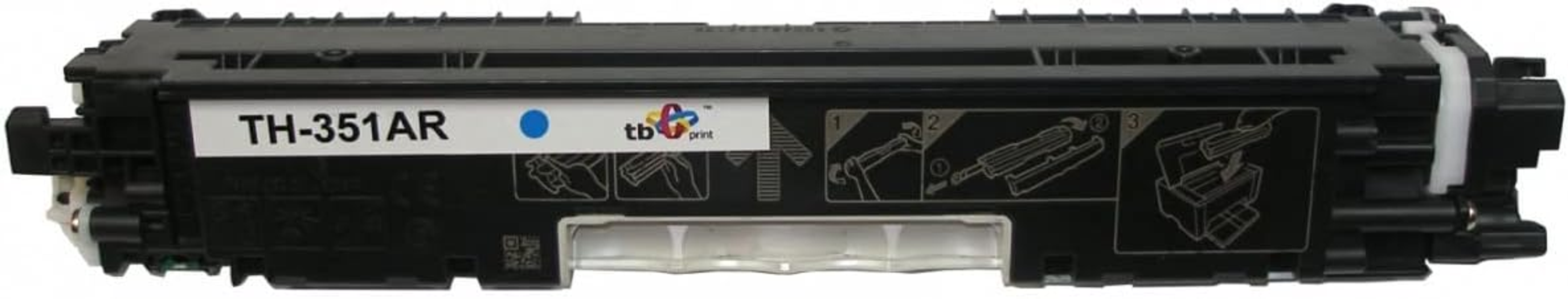 Een zwarte en cyaan tonercartridge met tekst en instructies.