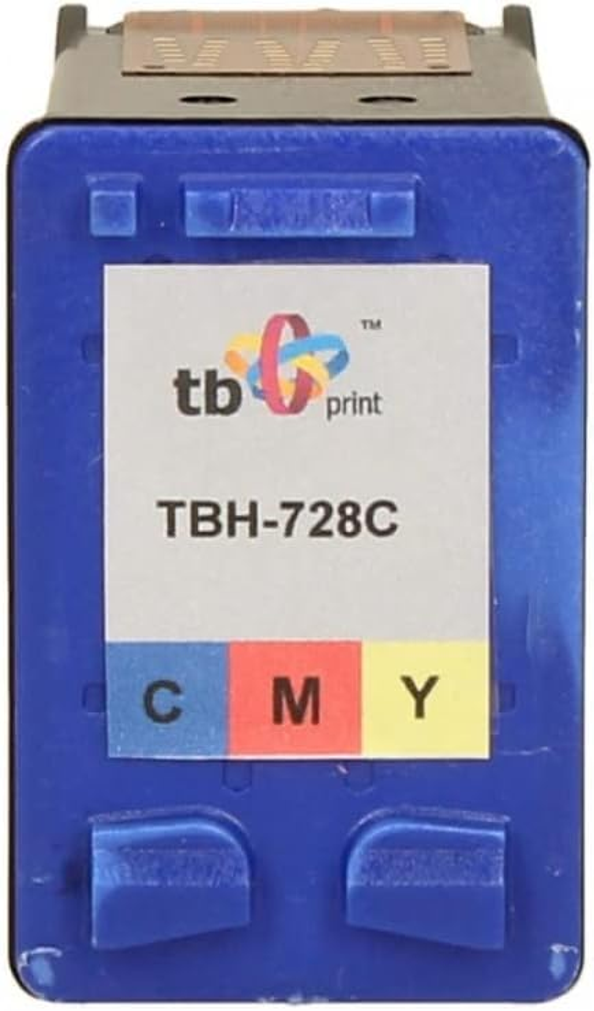 Blaue Tintenpatrone mit 'tb print' Logo. Sie hat C-, M- und Y-Farbanzeigen. Das Modell der Patrone ist TBH-728C.