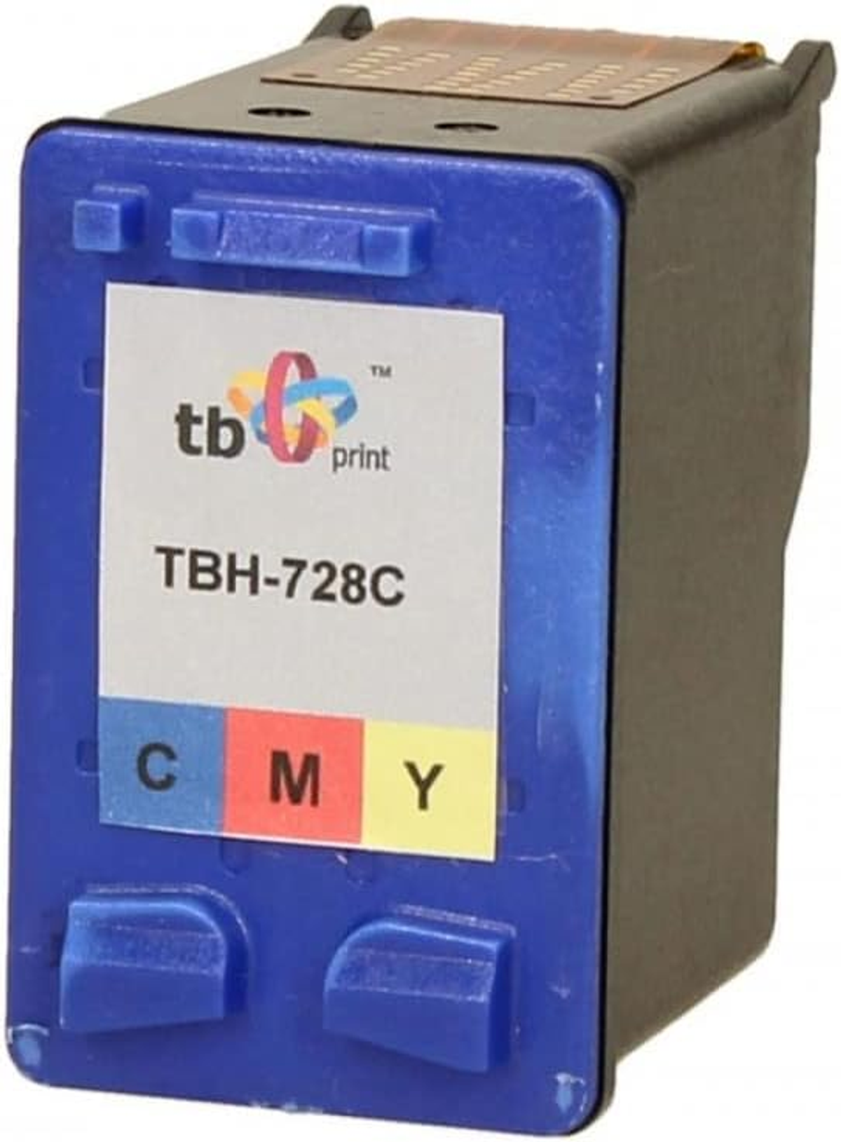 Blaue Tintenpatrone mit CMY-Farbetiketten. Das Etikett zeigt die Marke tb print.