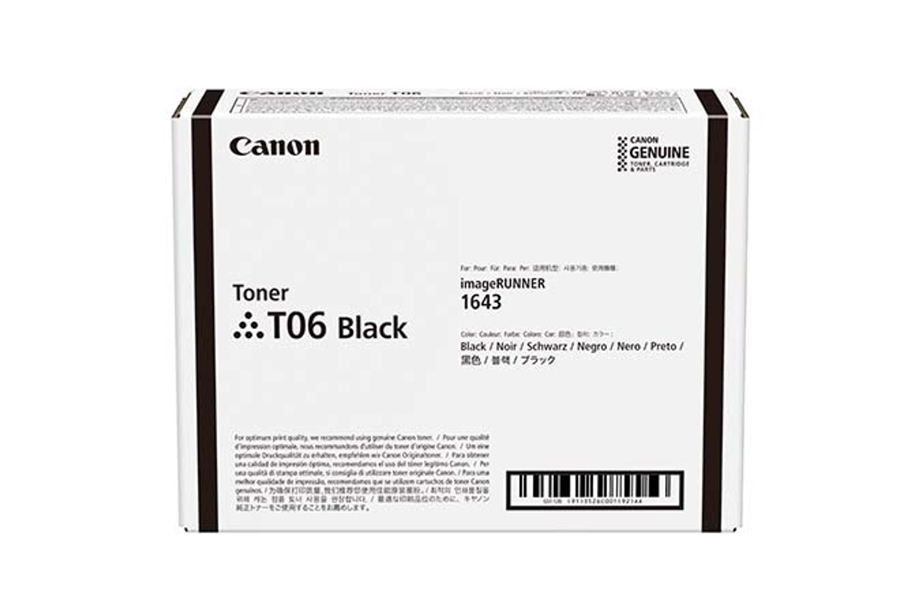 Pudełko z tonerem Canon, czarne, z etykietą 'Toner T06 Black', logo i tekstem Canon.