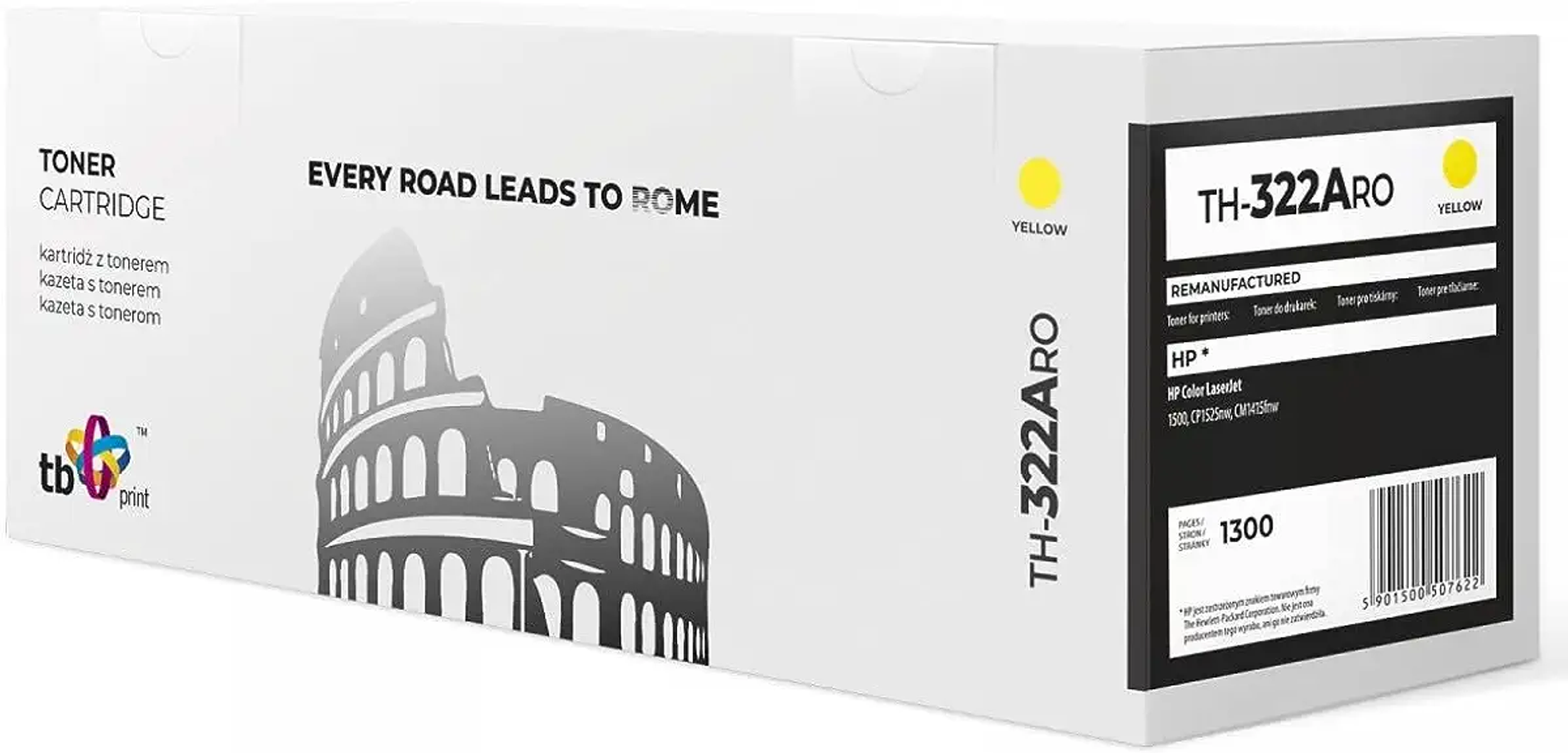 Una scatola bianca e gialla per cartucce toner con un'illustrazione di Roma e testo.